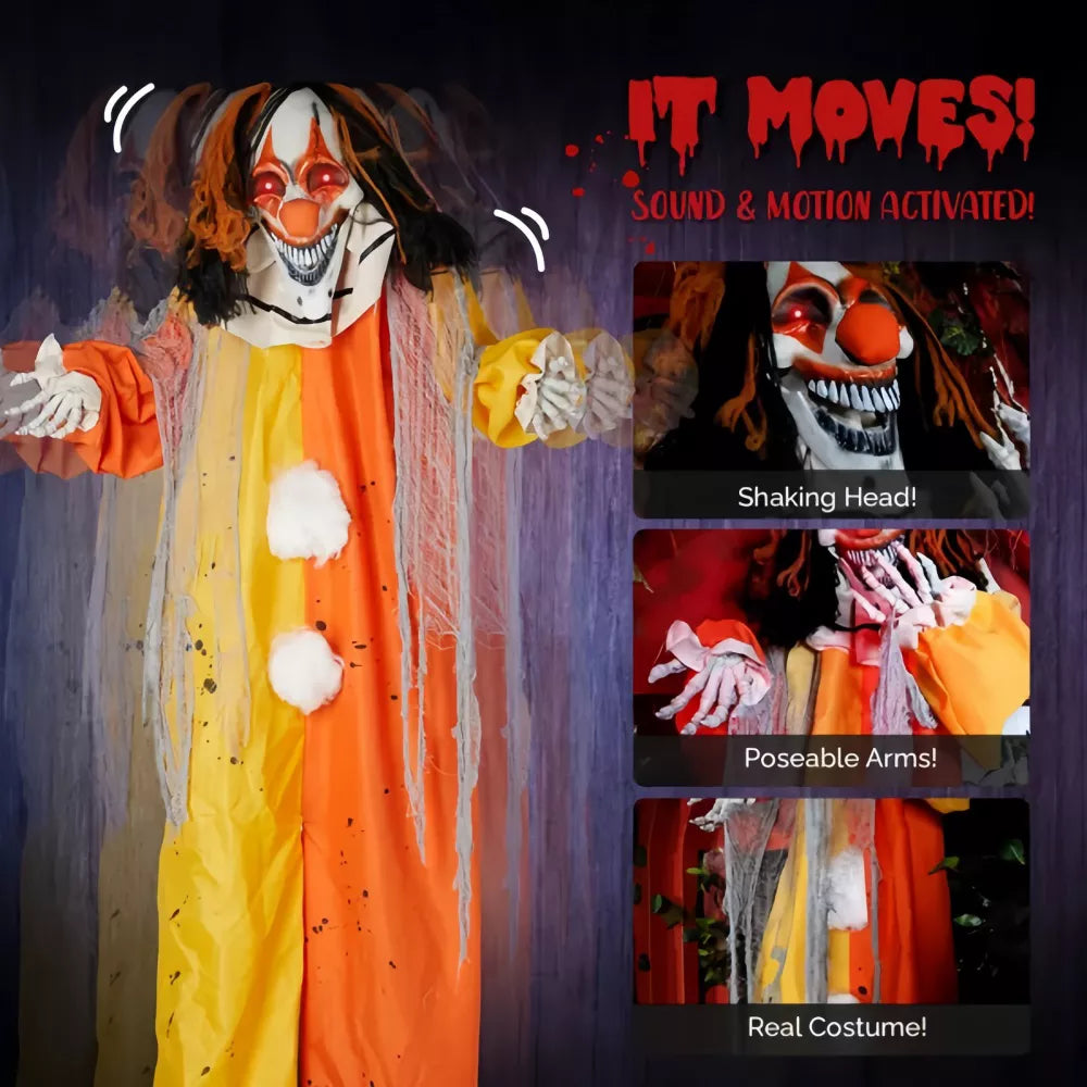 8.2' Red Glowing Eyes Animated Talking Clown Halloween Home Decor Accent Yard Prop