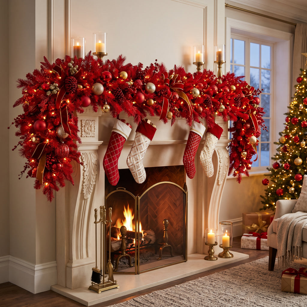 8-Foot Pre-Lit Vibrant Crimson Red and Gold Luxury Artificial Holiday Garland Christmas Decor