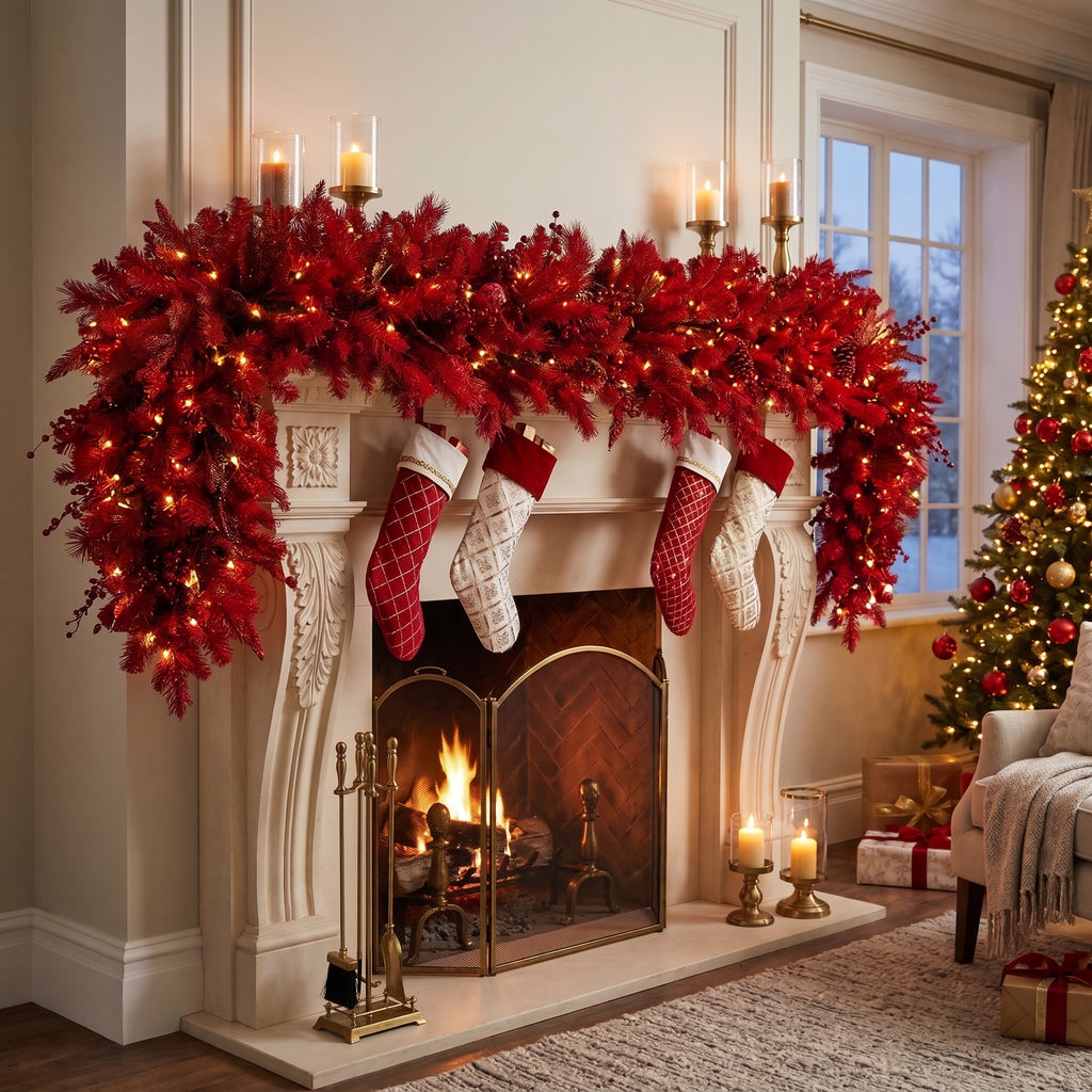 8-Foot Pre-Lit Vibrant Crimson Red and Gold Luxury Artificial Holiday Garland Christmas Decor