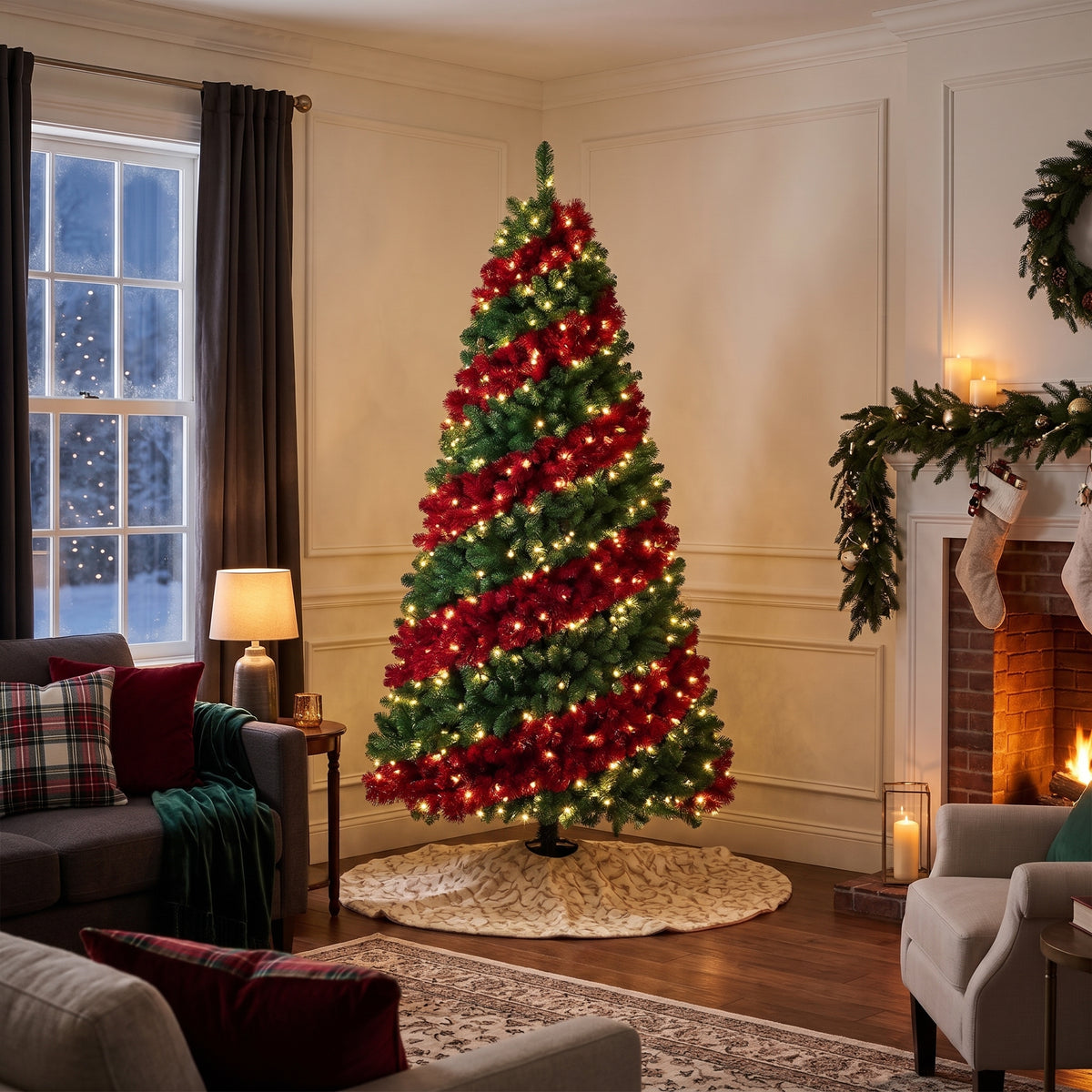 7-Foot Pre-Lit Two-Tone Red and Green Spiral Artificial Christmas Tree Life Size Christmas Decor