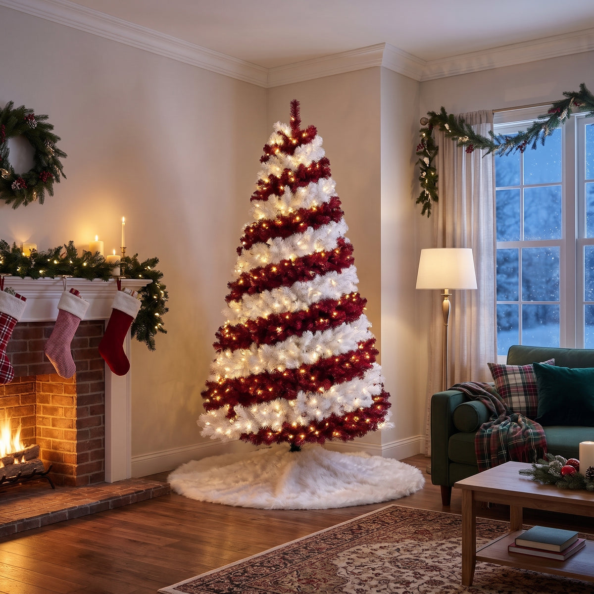 7-Foot Pre-Lit Two-Tone Red and White Spiral Artificial Christmas Tree Life Size Christmas Decor