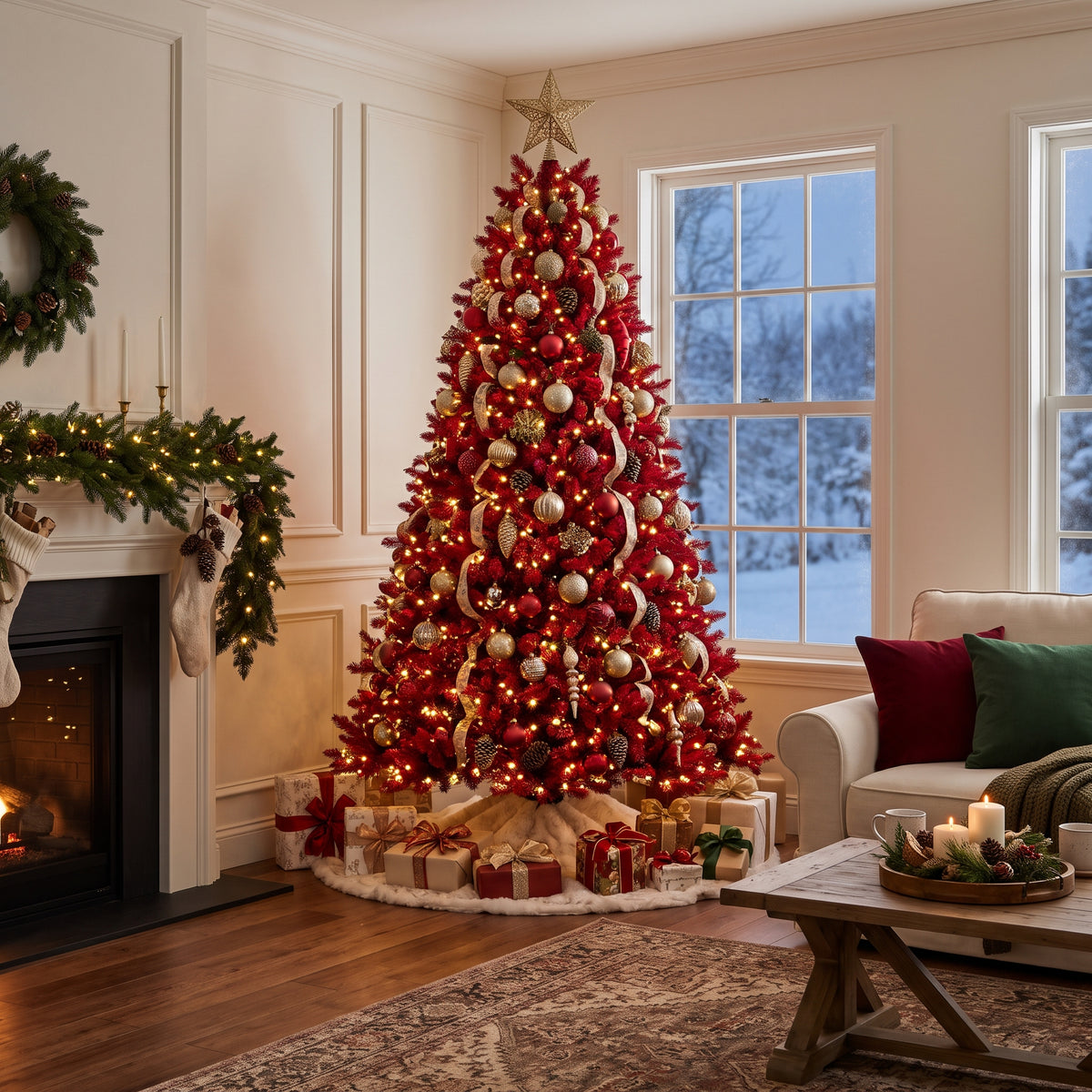 7-Foot Pre-Lit Vibrant Crimson Red Artificial Christmas Tree Life Size Christmas Decor