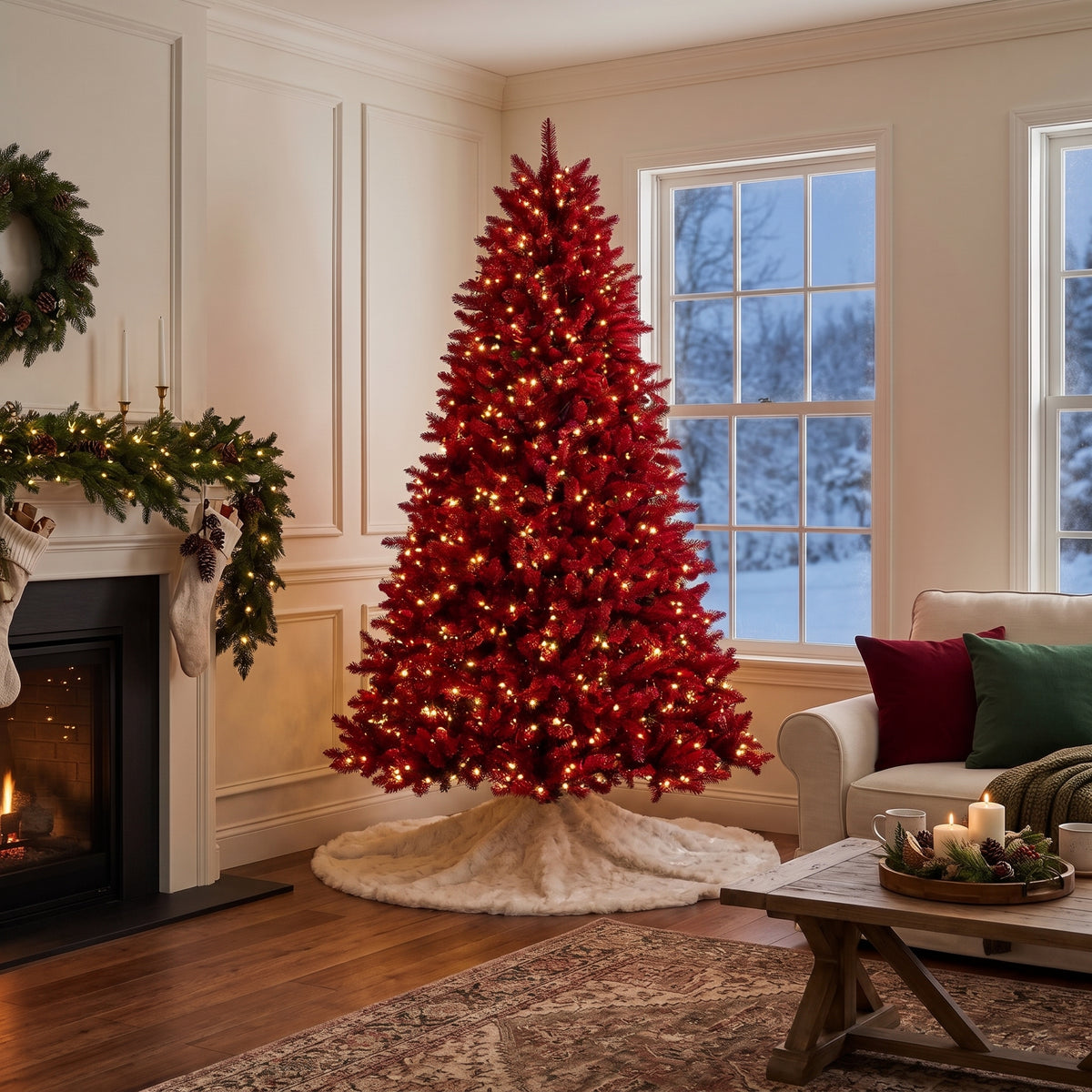 7-Foot Pre-Lit Vibrant Crimson Red Artificial Christmas Tree Life Size Christmas Decor