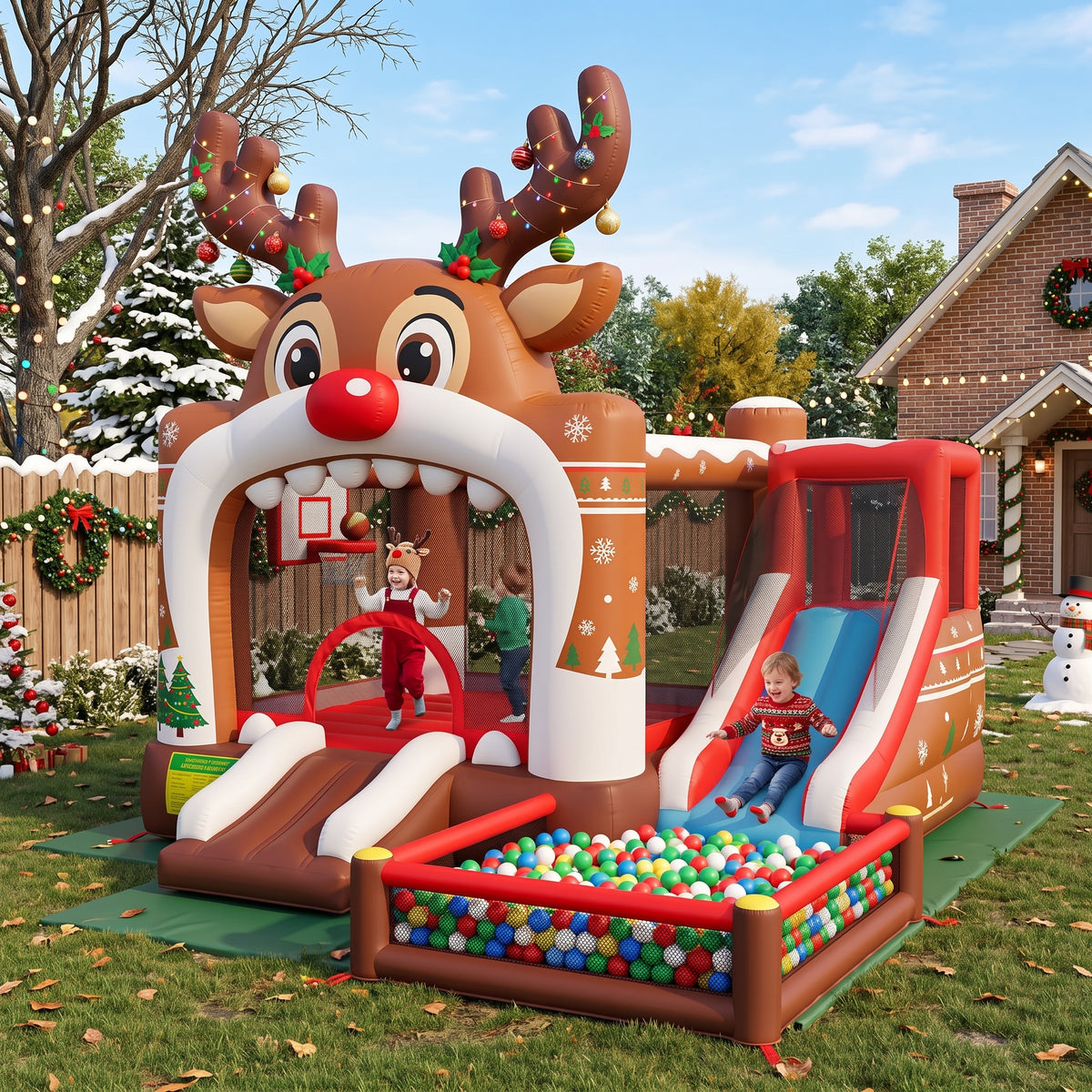Play Bounce House Jumping Playhouse area with Slide and Ball Pit Christmas Reindeer's Head Castle Theme