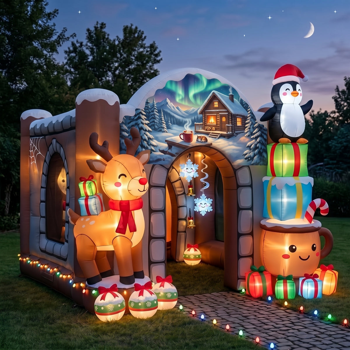 Reindeer Penguin Cocoa Time Theme Premium 10' x 10' Christmas House Inflatable Blow Up Walk-Through Archway Experience Decor Prop