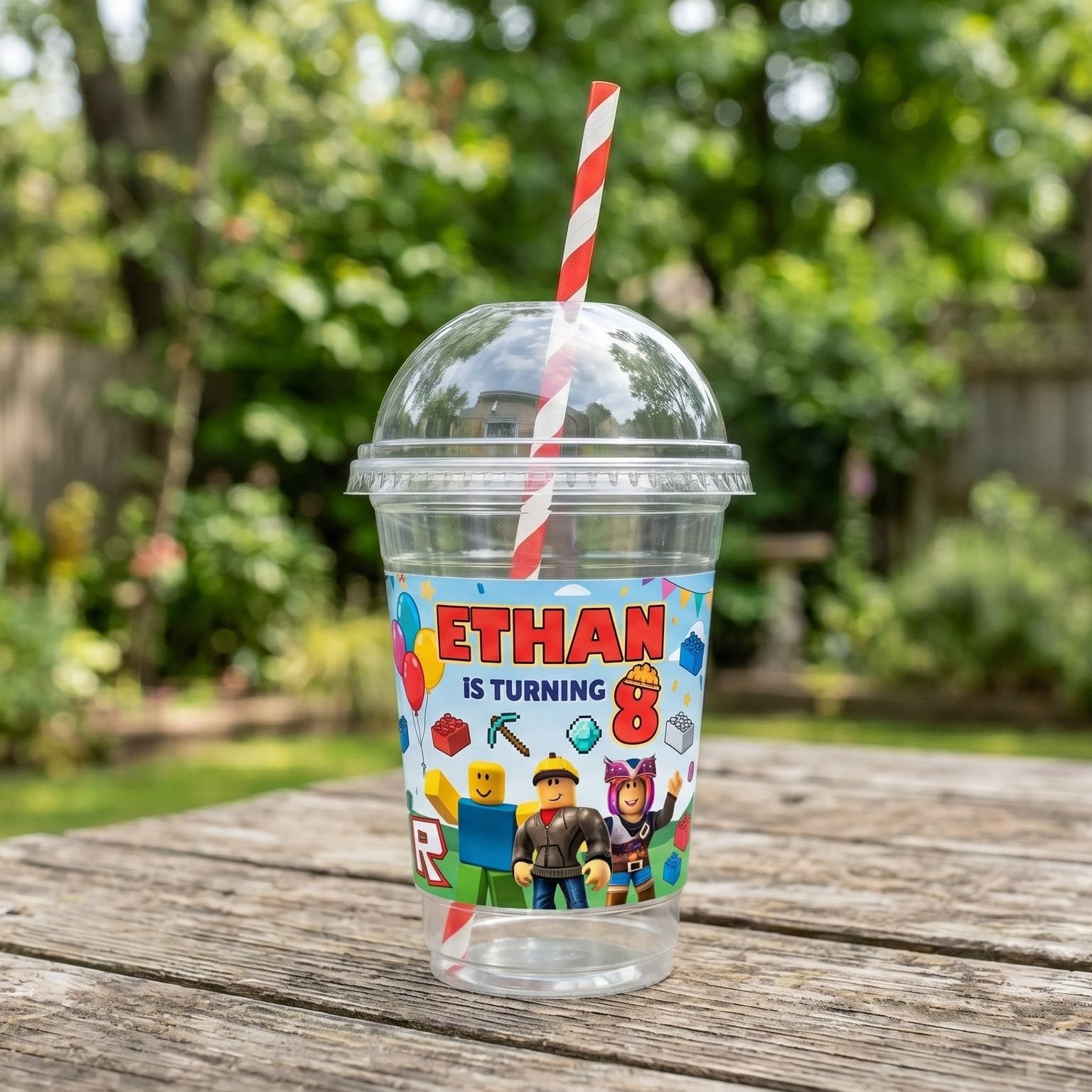 (Pack of 6) Roblox Custom Personalized Birthday Party 16 oz Cups with Dome Lids & Straws