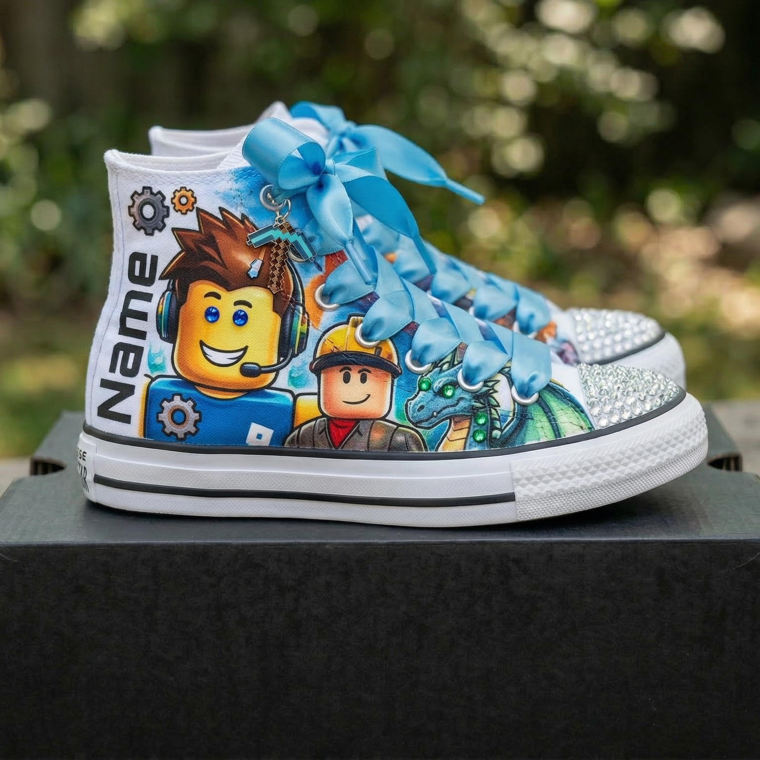 Custom Roblox Boys High-Top Sneakers Shoes Personalized with Name, Ribbon Laces & Rhinestones Birthday Parties Everyday Gift