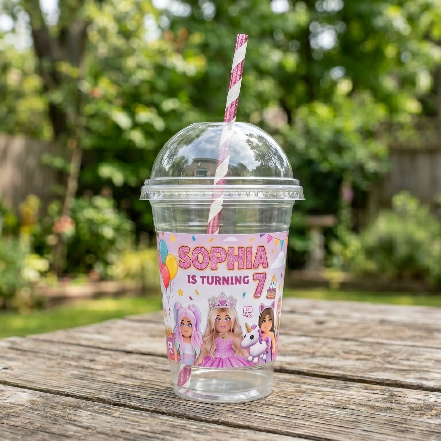 (Pack of 6) Roblox Girls Custom Personalized Birthday Party 16 oz Cups with Dome Lids & Straws