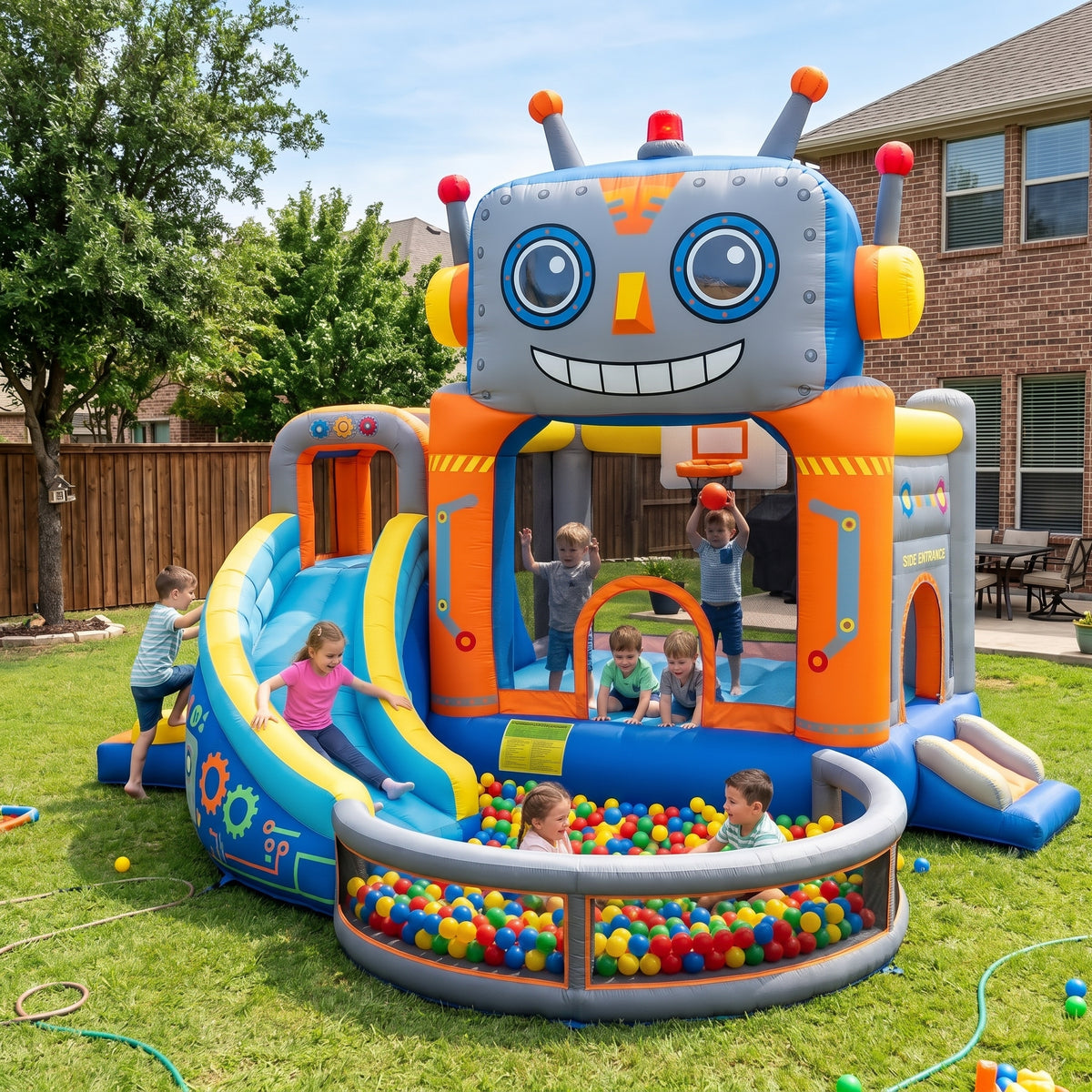 Play Bounce House Jumping Playhouse area with Slide and Ball Pit Robot's Head Castle Theme
