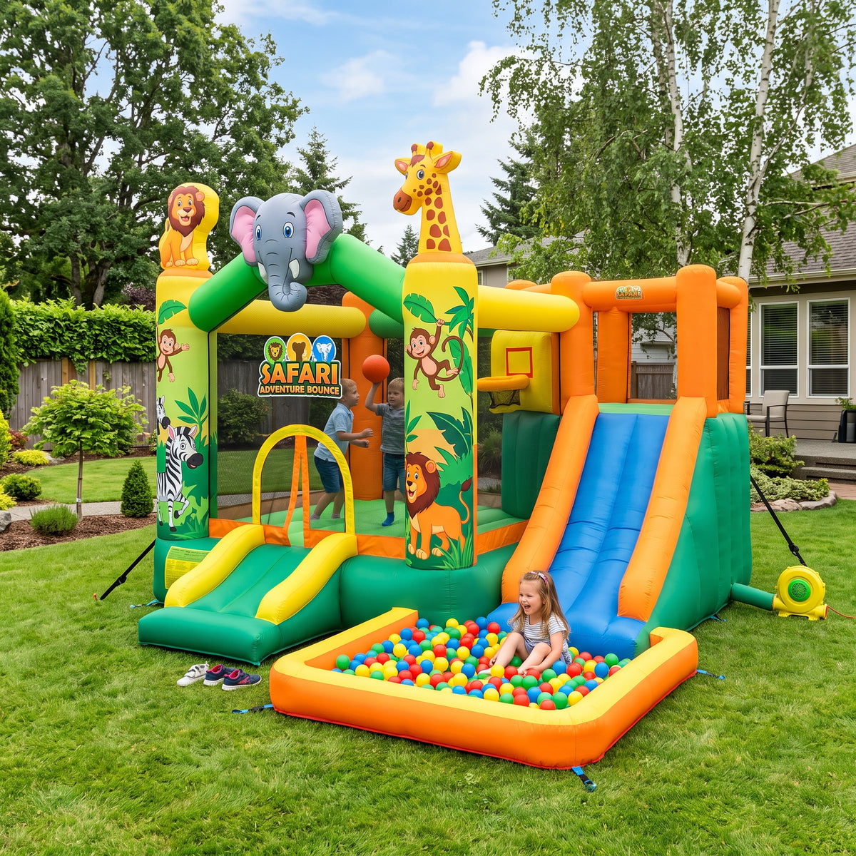 Play Bounce House Jumping Playhouse area with Slide and Ball Pit Safari Jungle Theme