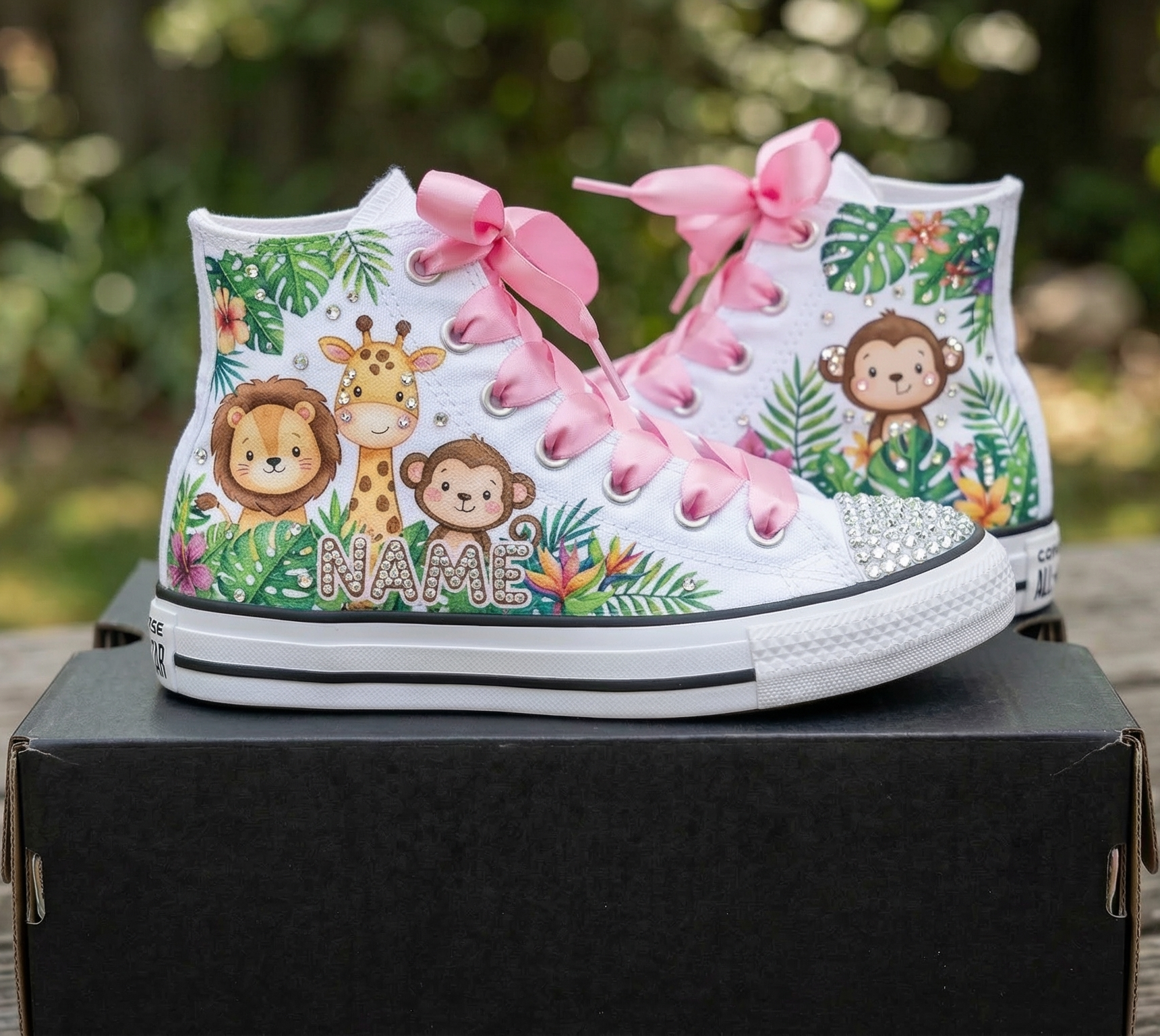 Custom Safari Animals High-Top Sneakers Shoes Personalized with Name, Ribbon Laces & Rhinestones Birthday Parties Everyday Gift