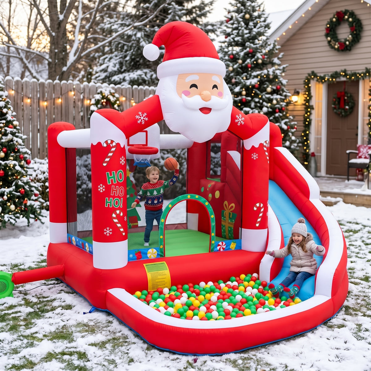 Play Bounce House Jumping Playhouse area with Slide and Ball Pit Christmas Santa Claus Theme