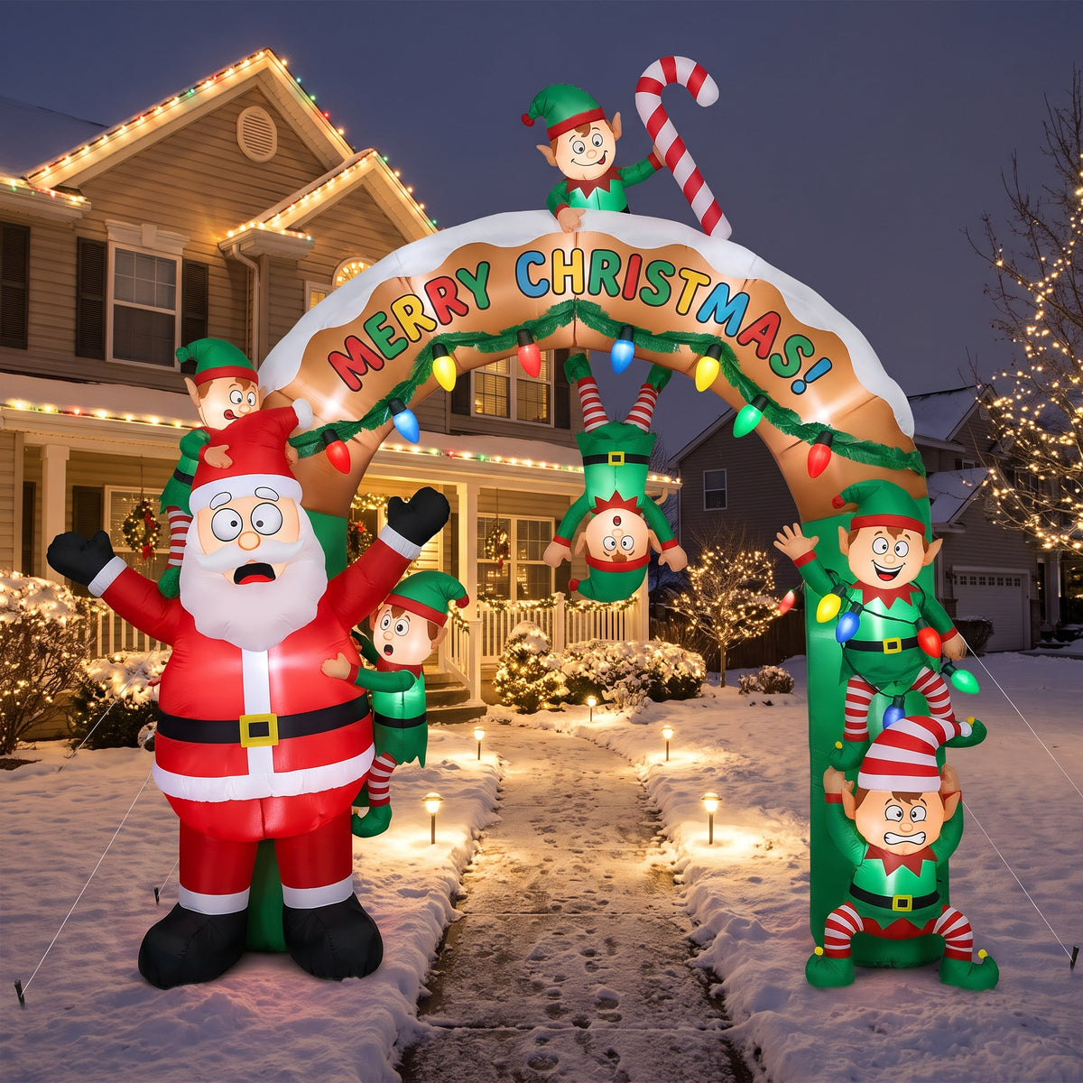 10-Foot Giant Outdoor Illuminated Walkthrough Santa Claus and Little Elves Funny Inflatable Archway Christmas Decor
