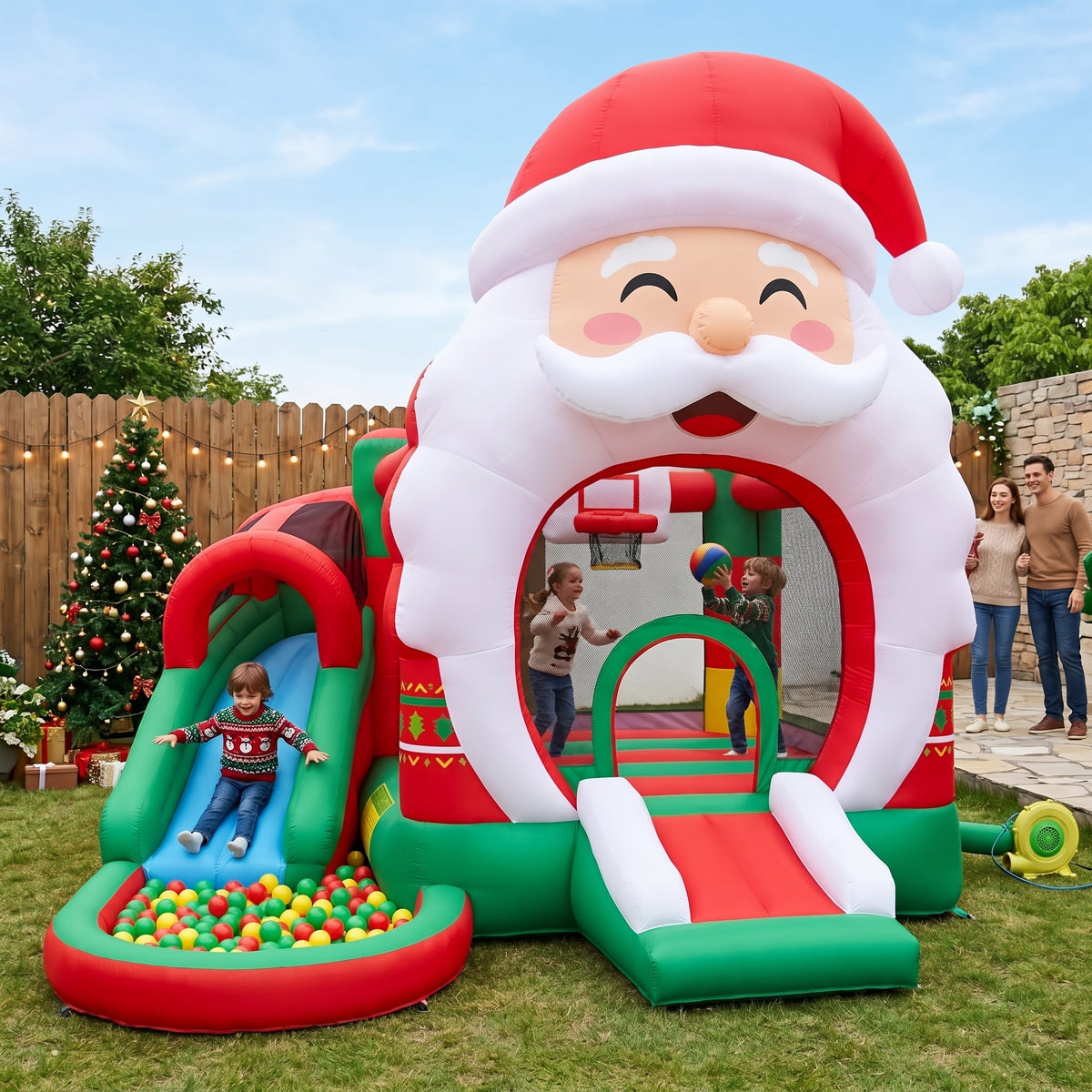 Play Bounce House Jumping Playhouse area with Slide and Ball Pit Christmas Santa Claus' Head Castle Theme
