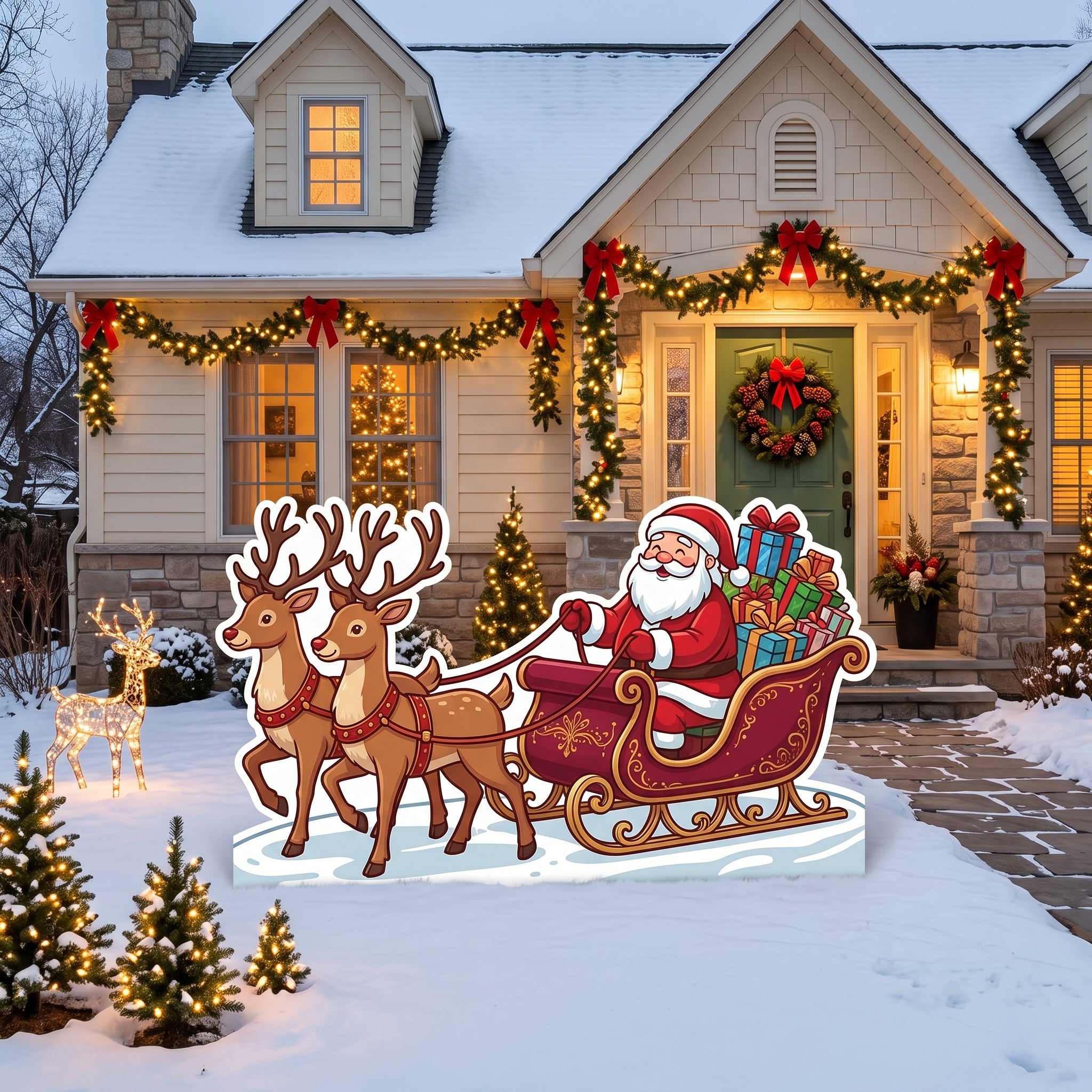 Life Size Santa Claus in Sleigh with Reindeer Character Premium Freestanding Christmas Cutouts Yard Sign Decor Party Prop
