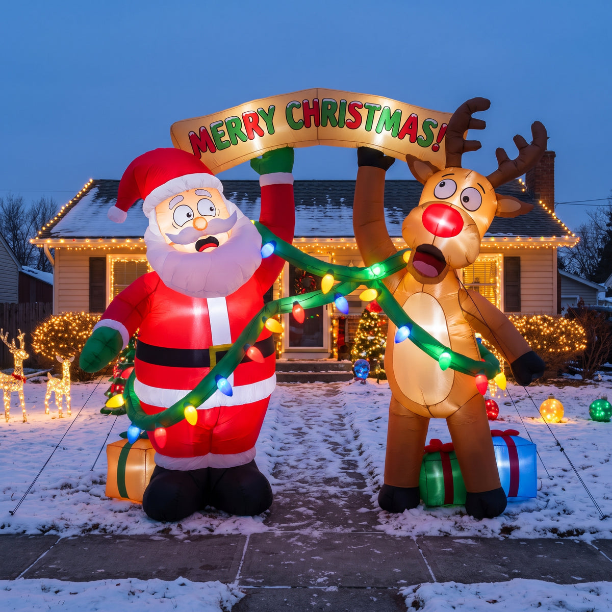 10-Foot Giant Outdoor Illuminated Walkthrough Santa Claus and Reindeer Tangled Up Funny Inflatable Archway Christmas Decor
