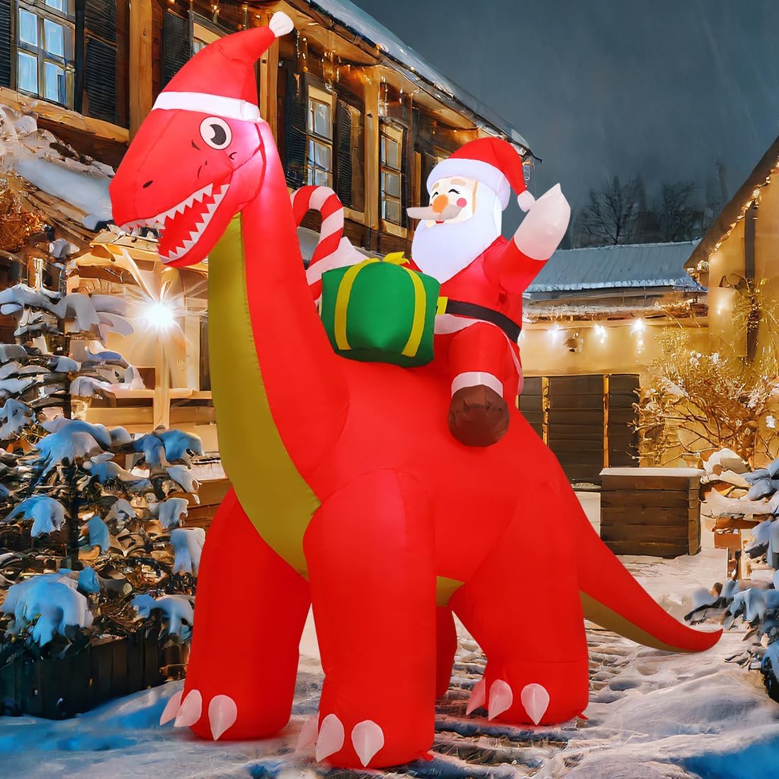 8.5-Foot Giant Outdoor Santa Claus Riding Dinosaur Inflatable with LED Illumination Christmas Blow Up Yard Decor