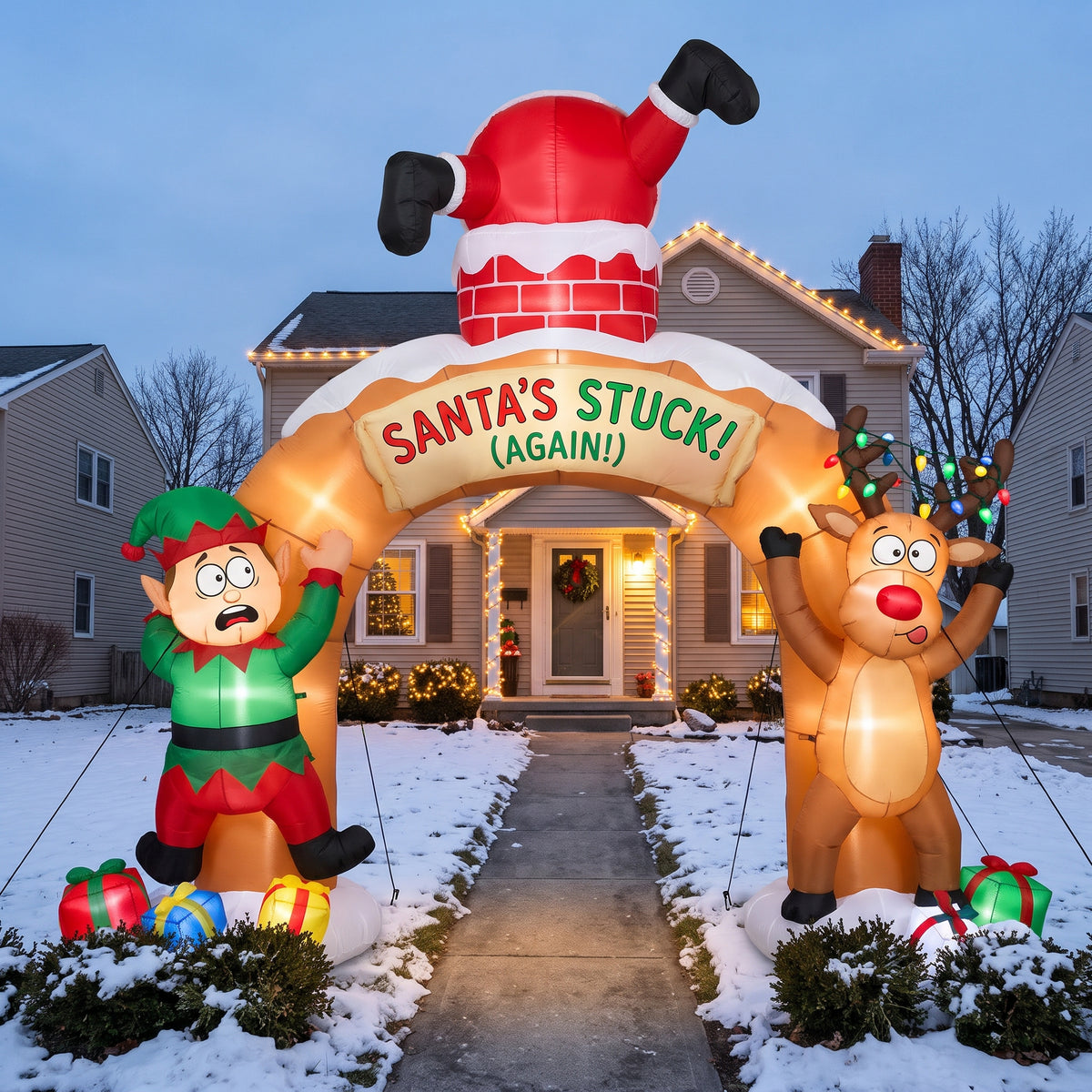 10-Foot Giant Outdoor Illuminated Walkthrough Santa is Stuck in Chimney Funny Inflatable Archway Christmas Decor