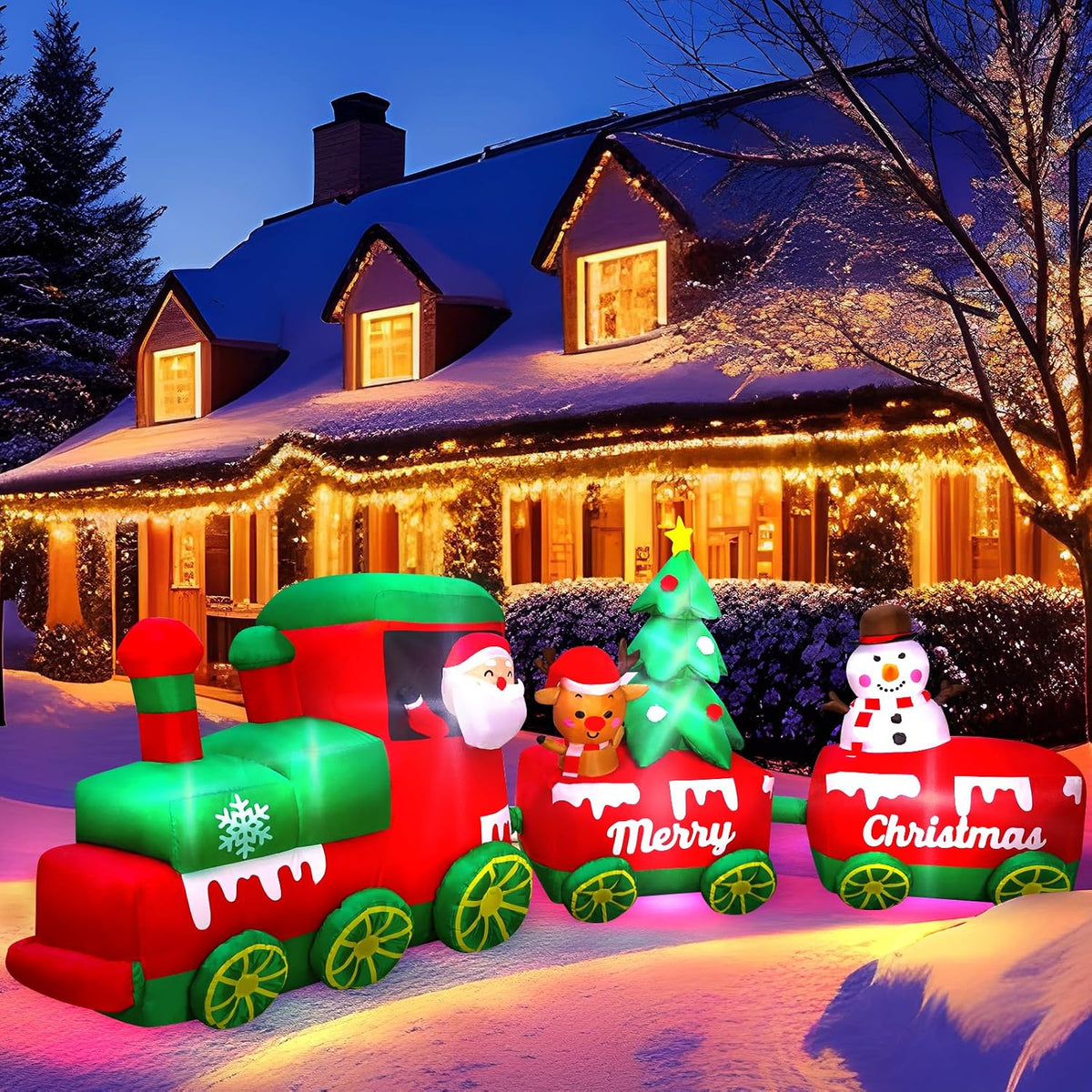 10.7-Foot Giant Outdoor Santa Claus Train with Reindeer and Snowman Inflatable with LED Illumination Christmas Blow Up Yard Decor