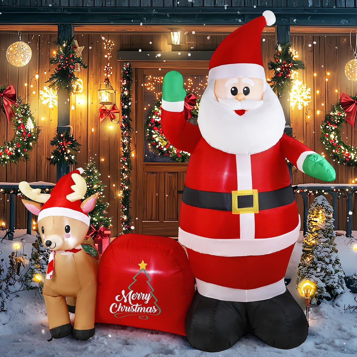 7-Foot Giant Outdoor Santa Claus with Sack and Reindeer Inflatable with LED Illumination Christmas Blow Up Yard Decor