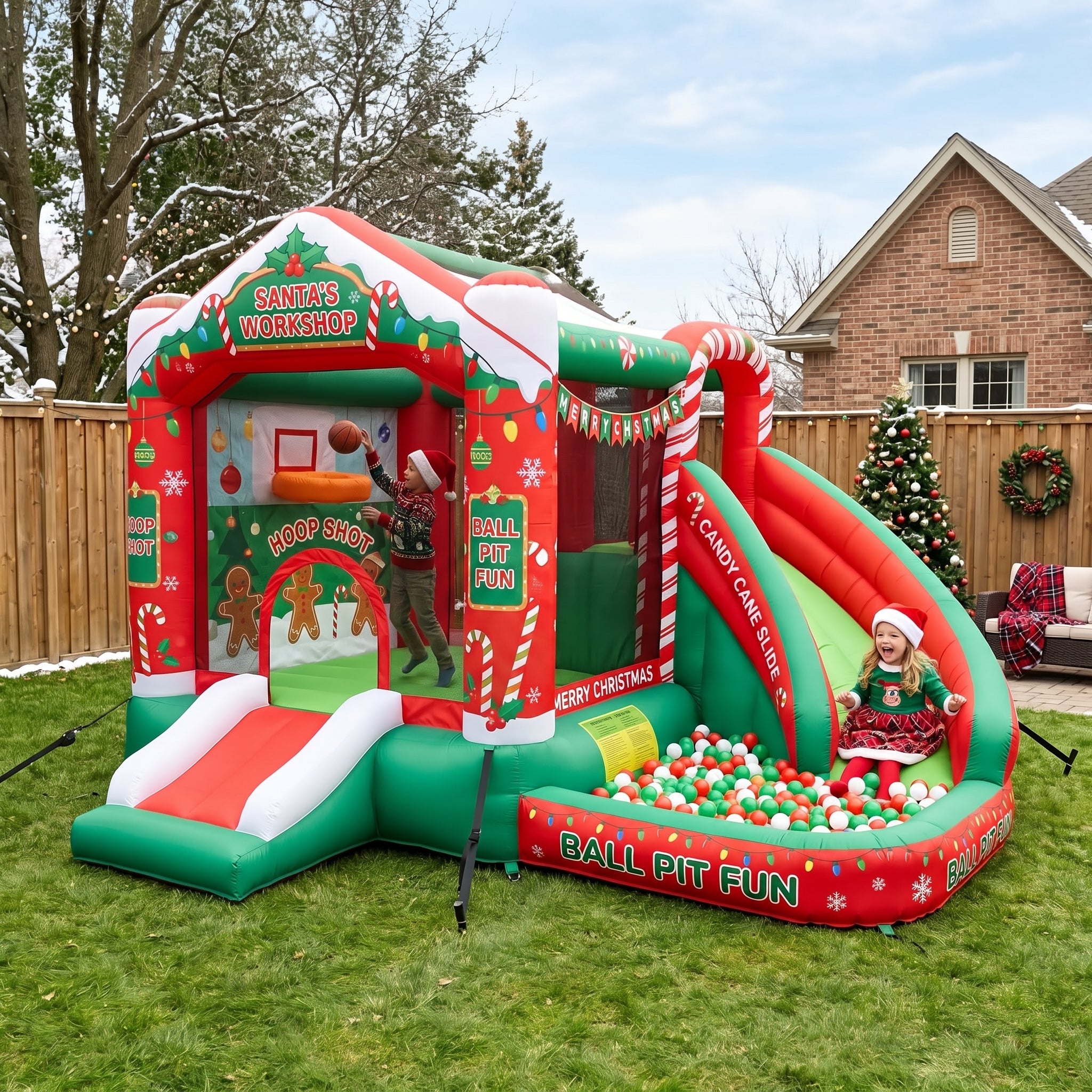 Play Bounce House Jumping Playhouse area with Slide and Ball Pit Christmas Santa's Workshop Theme