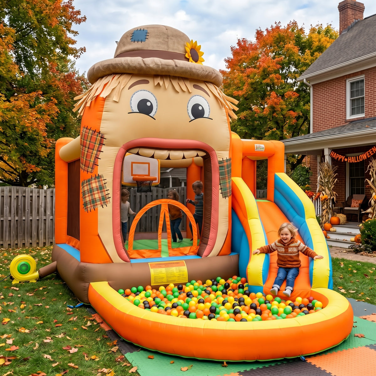 Play Bounce House Jumping Playhouse area with Slide and Ball Pit Halloween Scarecrow's Head Castle Theme