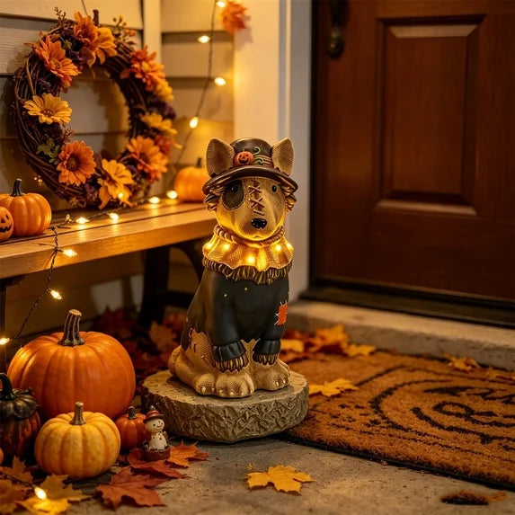 8" Scarecrow Bull Terrier Dog Puppy Statue Halloween Home Decor Accent Yard Tabletop Prop