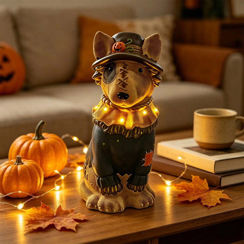 8" Scarecrow Bull Terrier Dog Puppy Statue Halloween Home Decor Accent Yard Tabletop Prop