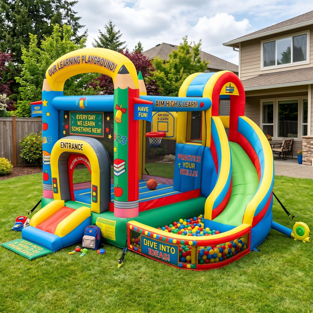 Play Bounce House Jumping Playhouse area with Slide and Ball Pit School Castle Theme