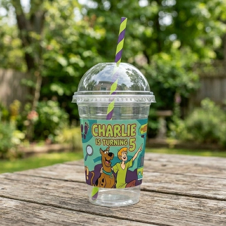 (Pack of 6) Scooby Doo Custom Personalized Birthday Party 16 oz Cups with Dome Lids & Straws