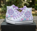 Custom Cute Sea Shells High-Top Sneakers Shoes Personalized with Name, Ribbon Laces & Rhinestones Birthday Parties Everyday Gift