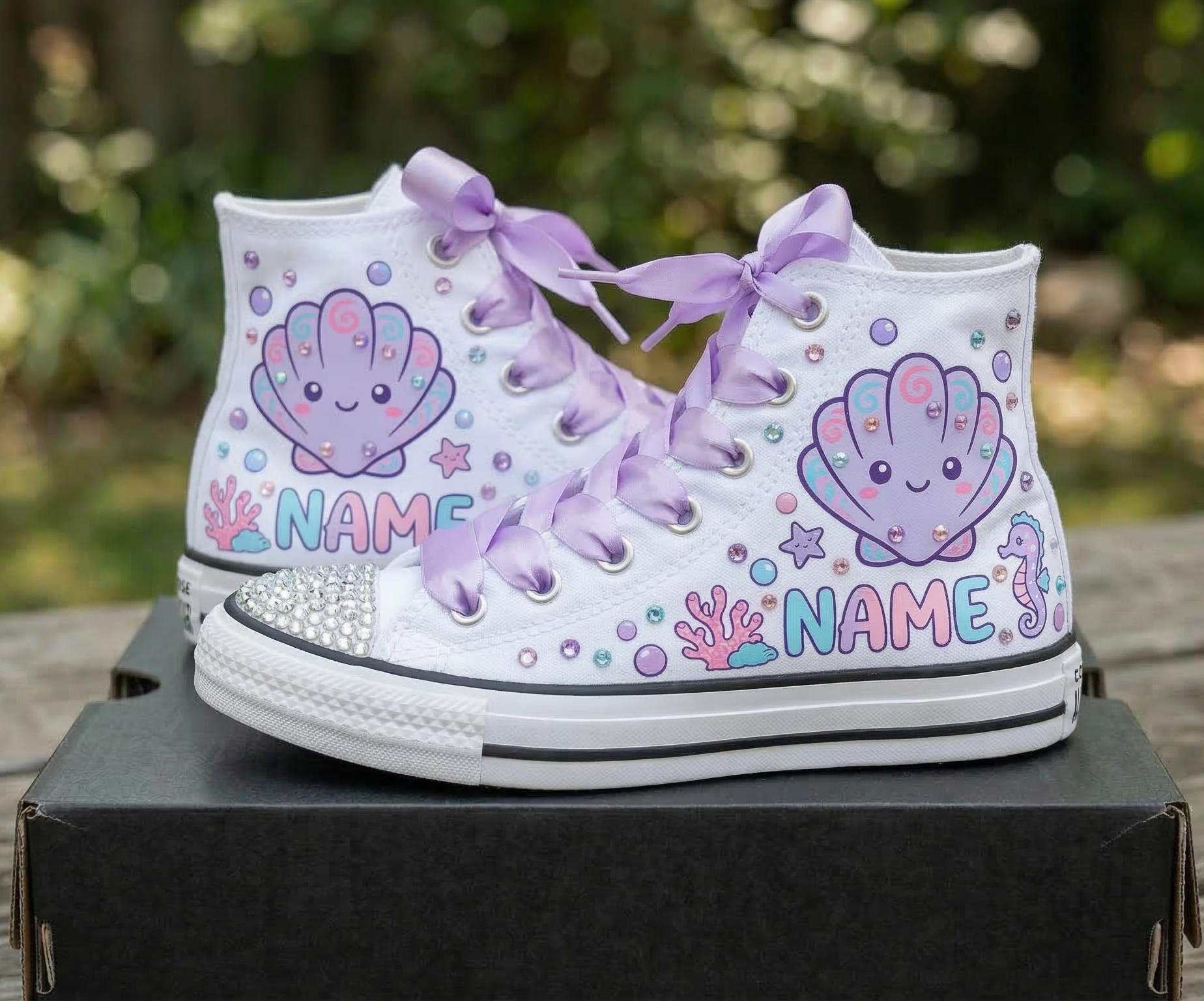 Custom Cute Sea Shells High-Top Sneakers Shoes Personalized with Name, Ribbon Laces & Rhinestones Birthday Parties Everyday Gift