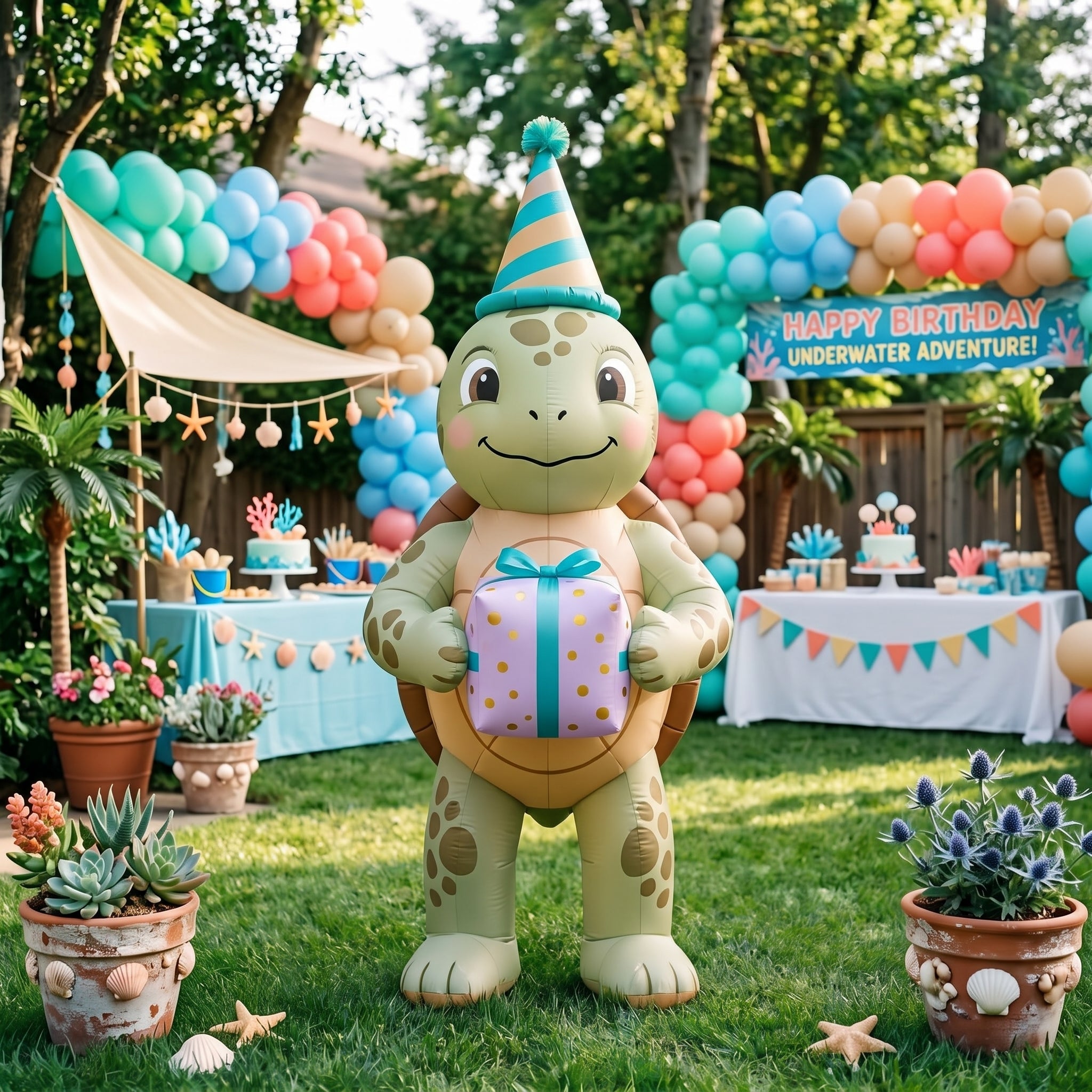 5' Sea Turtle with Birthday Hat and Present Yard Birthday Inflatable Blow Up Decor Prop