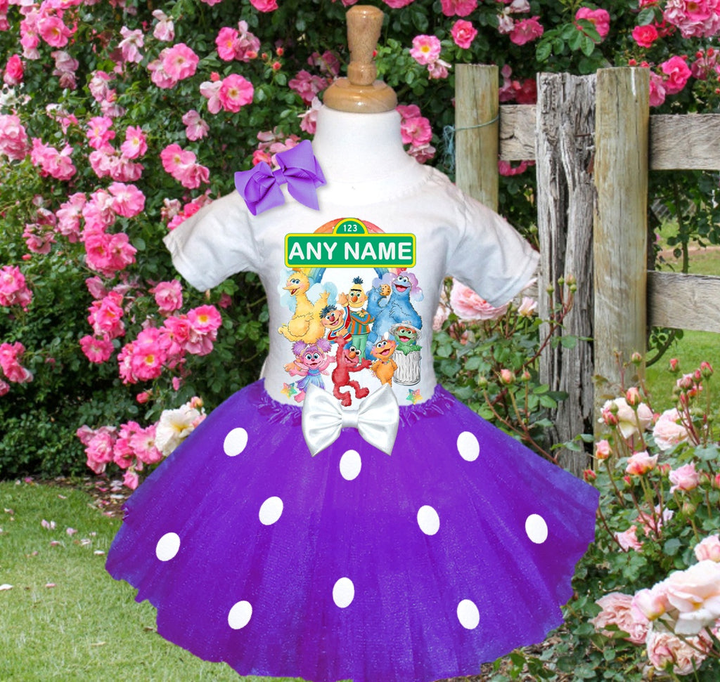 Sesame Street Tutu Set Girls Personalized Custom Purple White Polka Dots Tutu Outfit Dress Theme Cake Smash Party