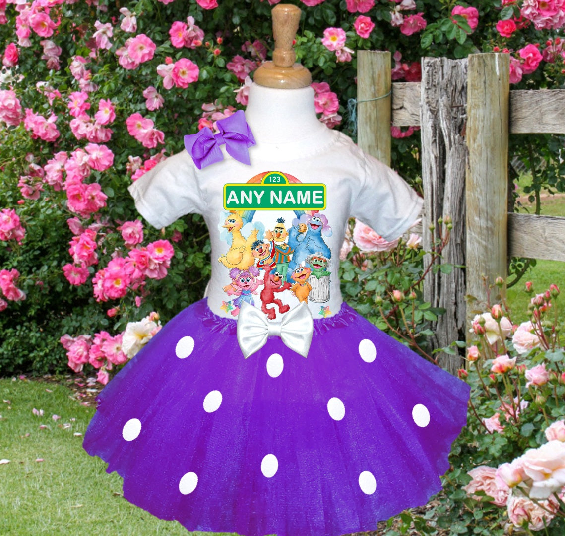 Sesame Street Tutu Set Girls Personalized Custom Purple White Polka Dots Tutu Outfit Dress Theme Cake Smash Party