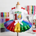 Sesame Street Friends Tutu Set Girls Personalized Custom Rainbow Ribbon Sewn Trim Tutu Outfit Dress Theme Cake Smash Birthday Party