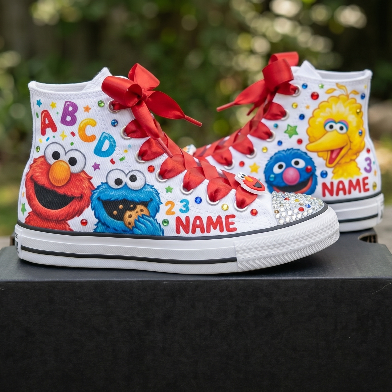 Custom Sesame Street High-Top Sneakers Shoes Personalized with Name, Ribbon Laces & Rhinestones Birthday Parties Everyday Gift