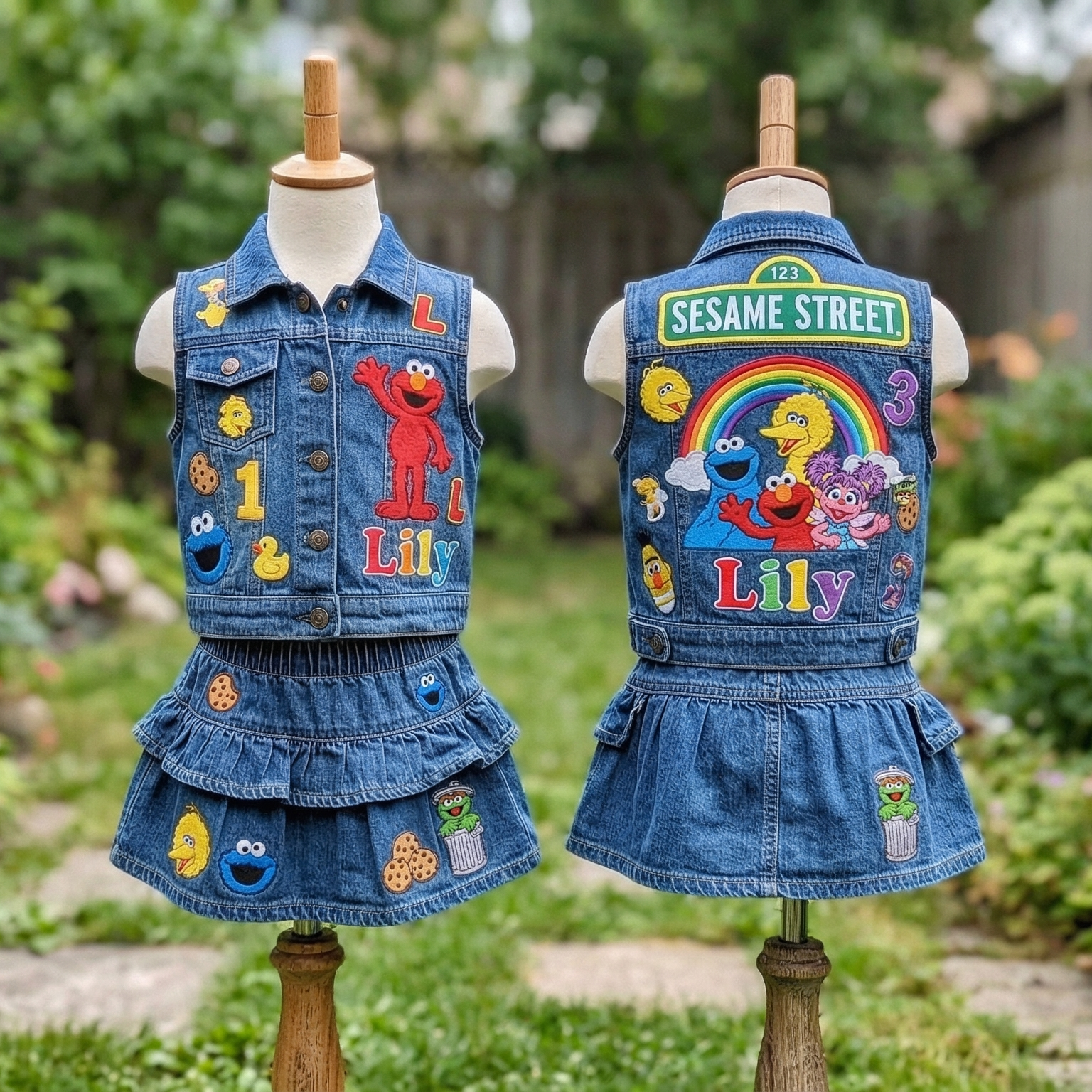 Personalized Custom Name Sesame Street Denim Vest & Skirt Set Birthday Party Cake Smash Gift