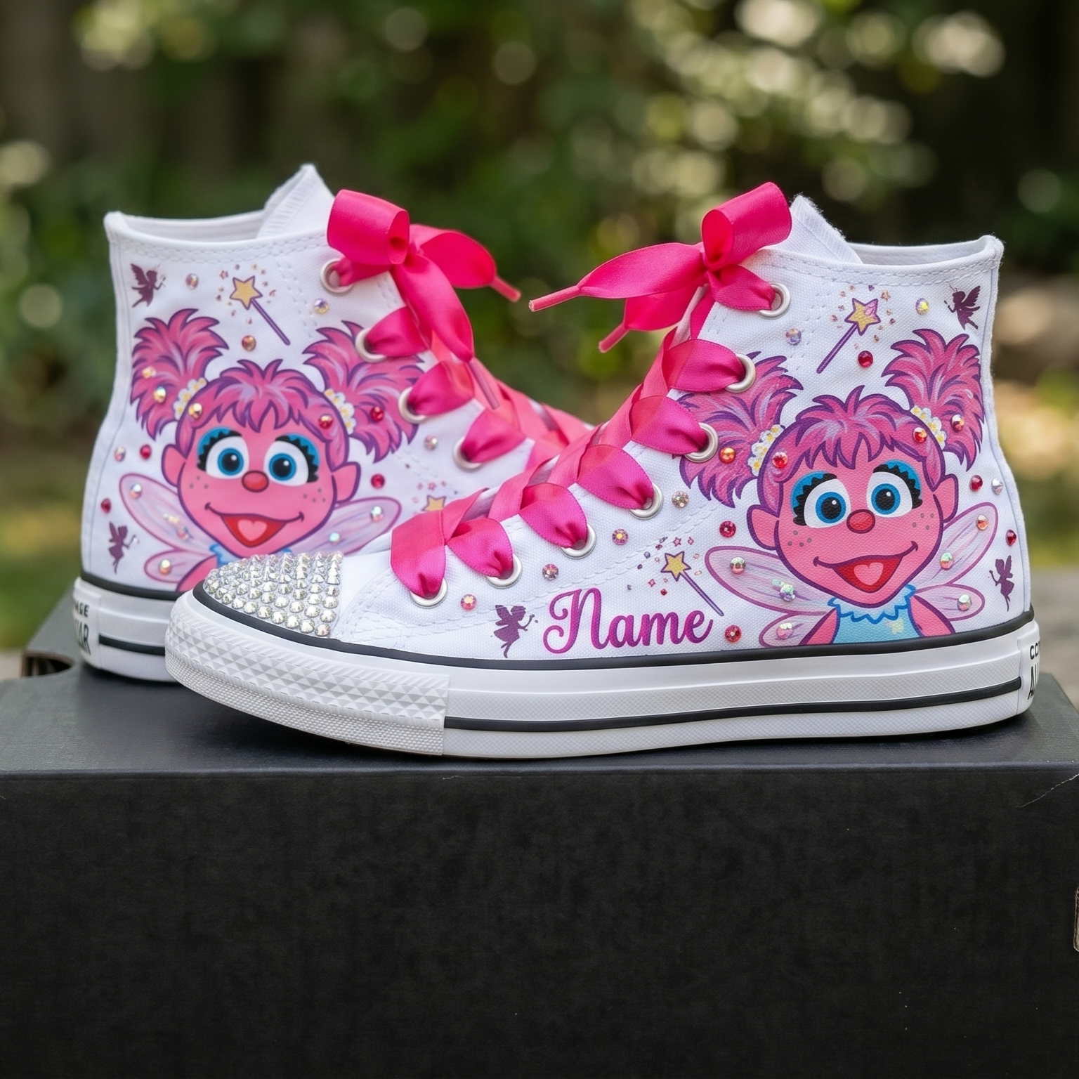 Custom Sesame Street Abby Cadabby High-Top Sneakers Shoes Personalized with Name, Ribbon Laces & Rhinestones Birthday Parties Everyday Gift