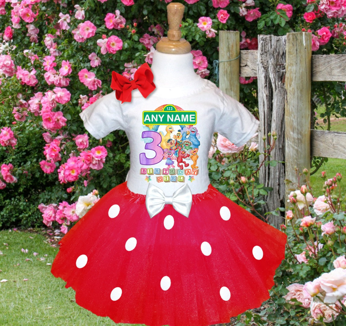 Sesame Street Tutu Set Girls Personalized Custom Red White Polka Dots Tutu Outfit Dress Theme Cake Smash Birthday Party