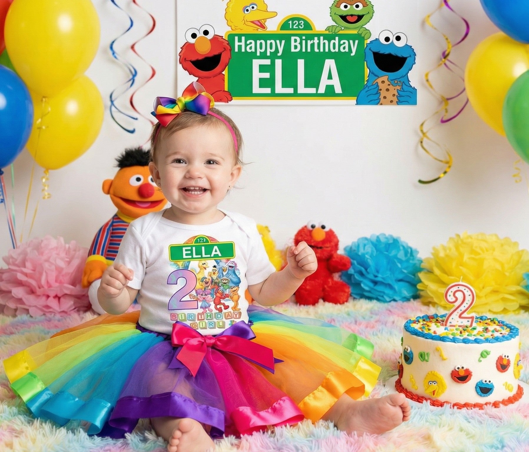Sesame Street Tutu Set Girls Personalized Custom Rainbow Ribbon Tutu Outfit Dress Theme Cake Smash Birthday Party
