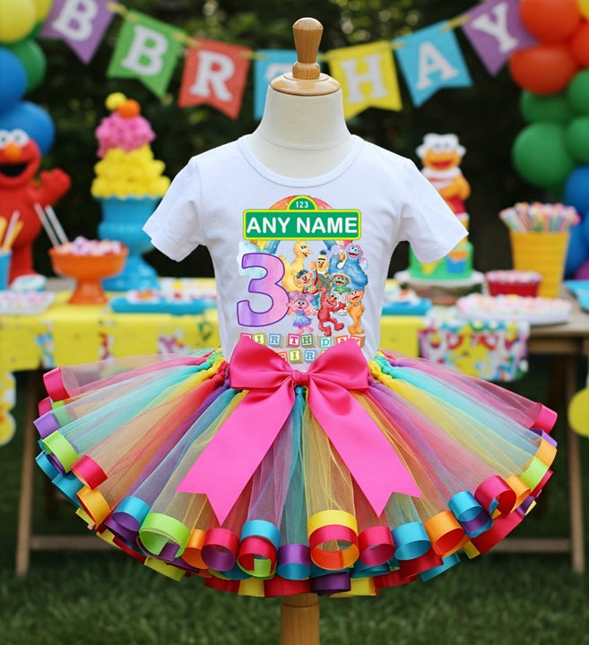 Sesame Street Tutu Set Girls Personalized Custom Rainbow Ribbon Sewn Trim Tutu Outfit Dress Theme Cake Smash Birthday Party