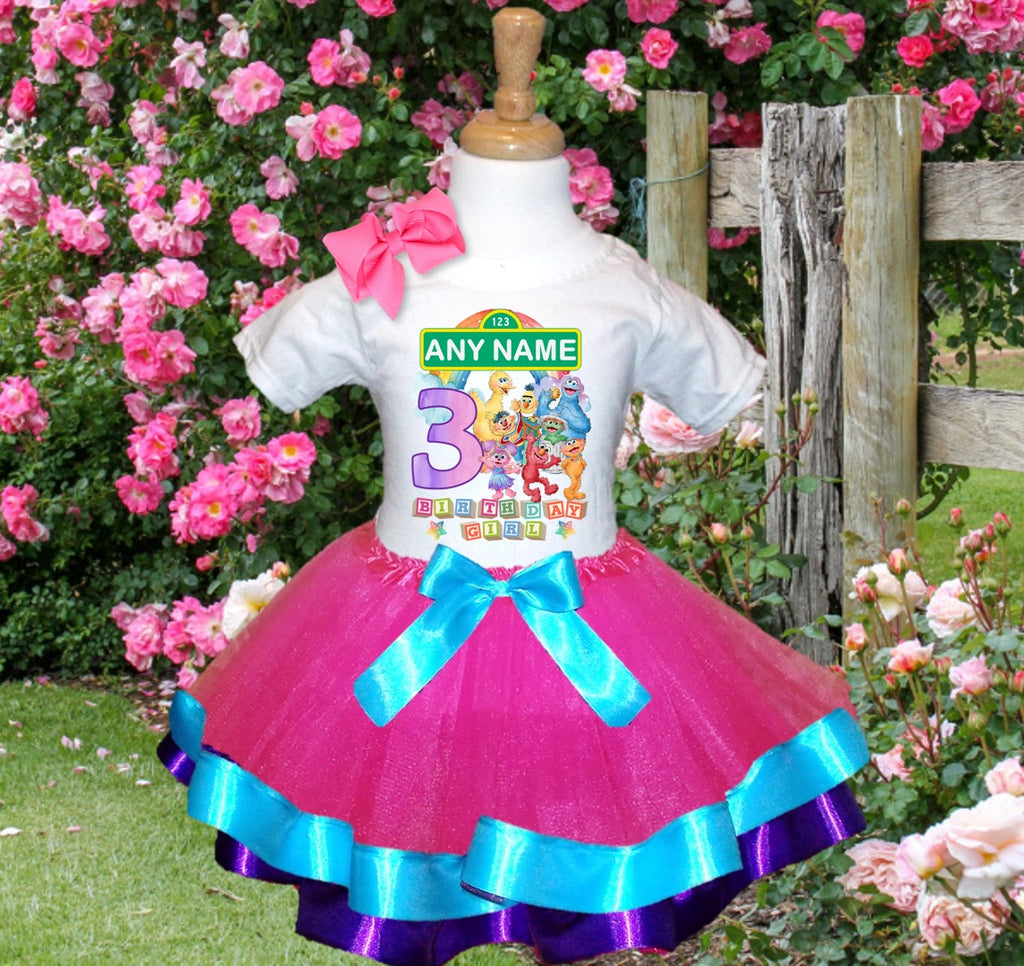 Sesame Street Tutu Set Girls Personalized Custom Hot Pink Blue Purple Ribbon Trim Tutu Outfit Dress Theme Cake Smash Birthday Party