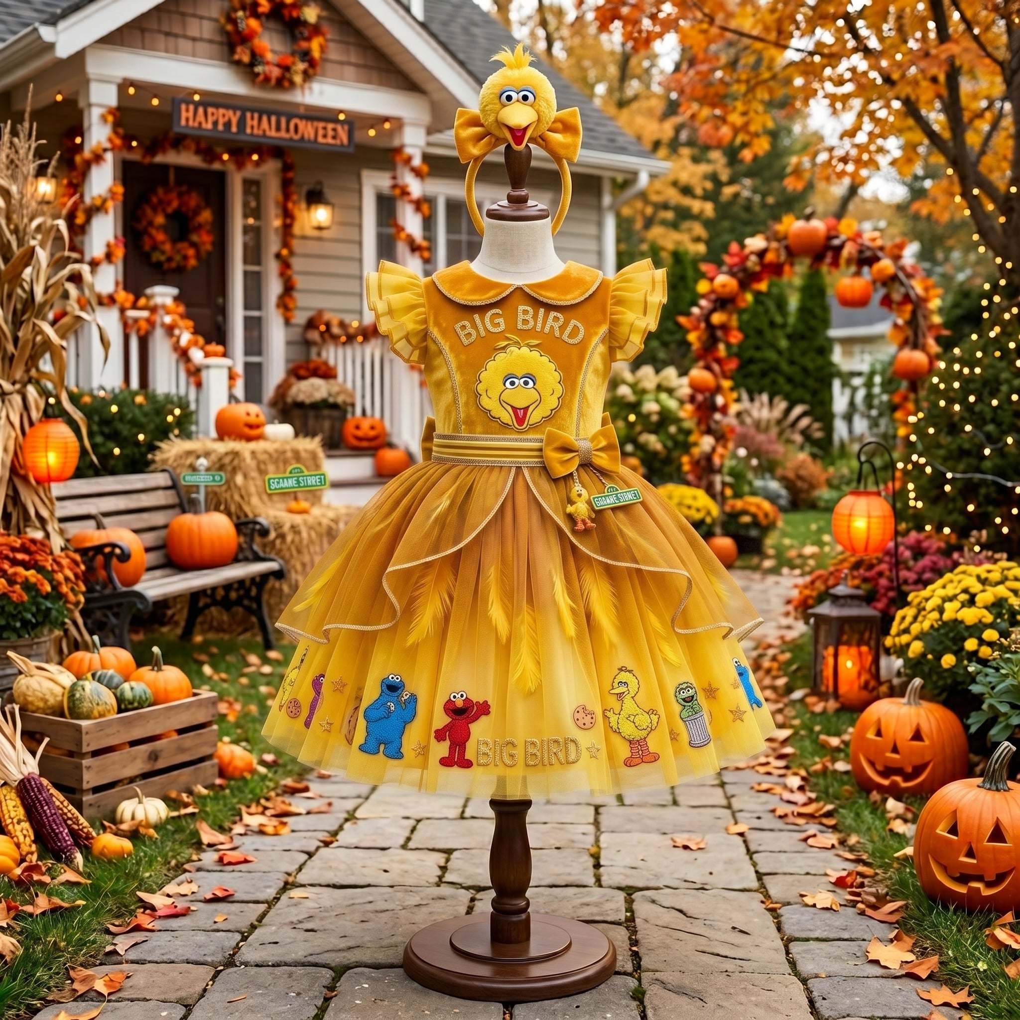 Sesame Street Big Bird Girls' Deluxe Sparkle Tutu Party Costume Dress Set with Matching Headband Halloween Birthday Pageant