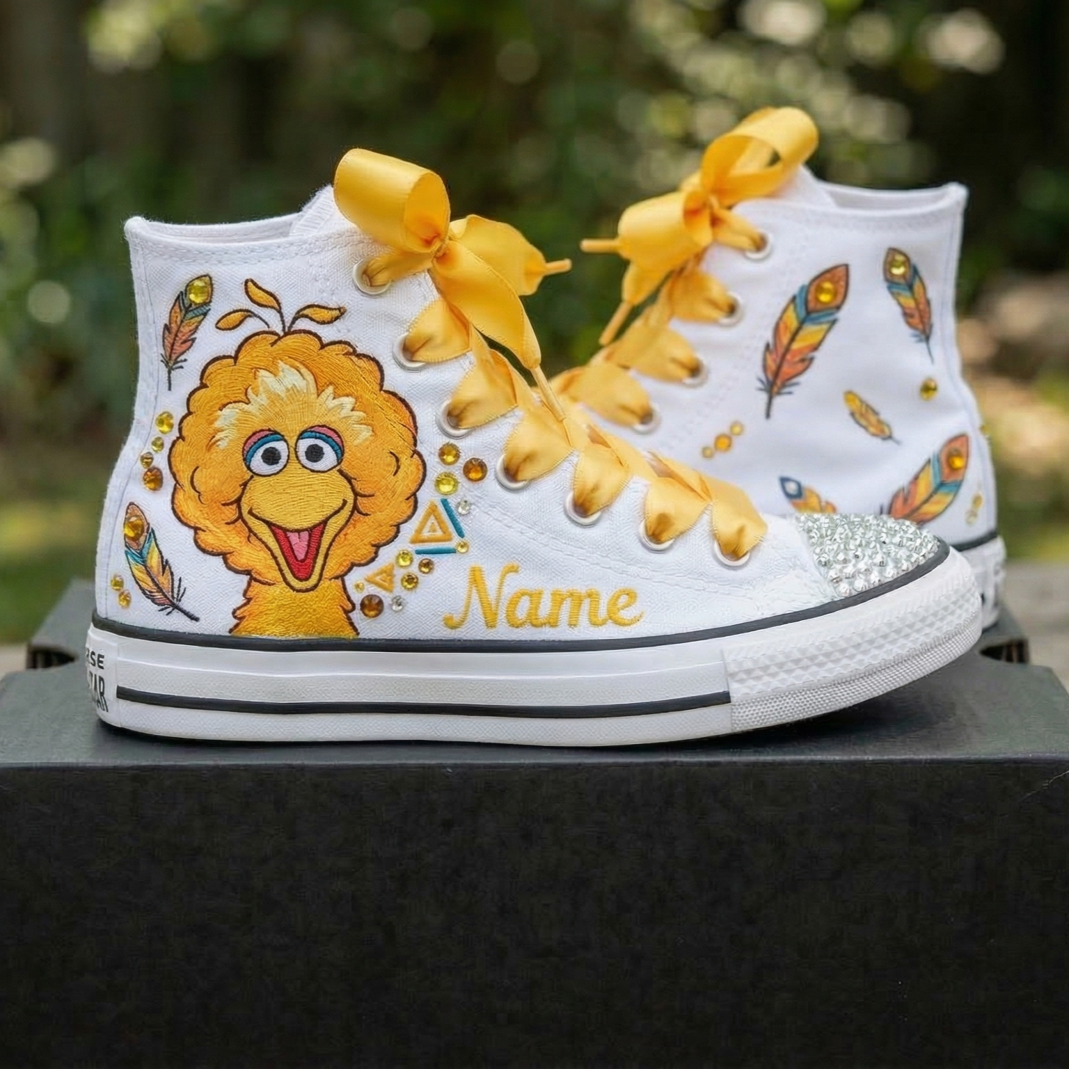 Custom Sesame Street Big Bird High-Top Sneakers Shoes Personalized with Name, Ribbon Laces & Rhinestones Birthday Parties Everyday Gift