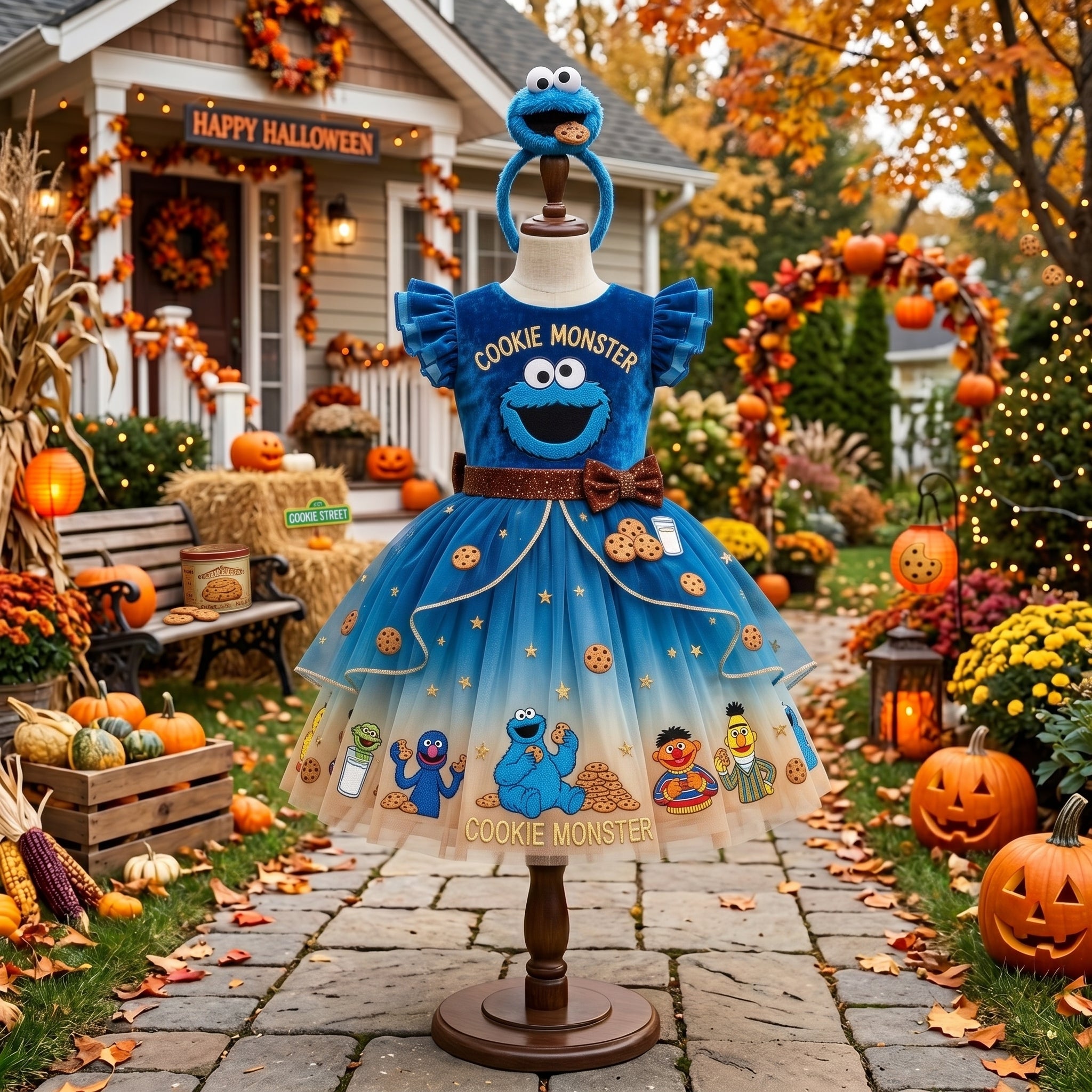 Sesame Street Cookie Monster Girls' Deluxe Sparkle Tutu Party Costume Dress Set with Matching Headband Halloween Birthday Pageant
