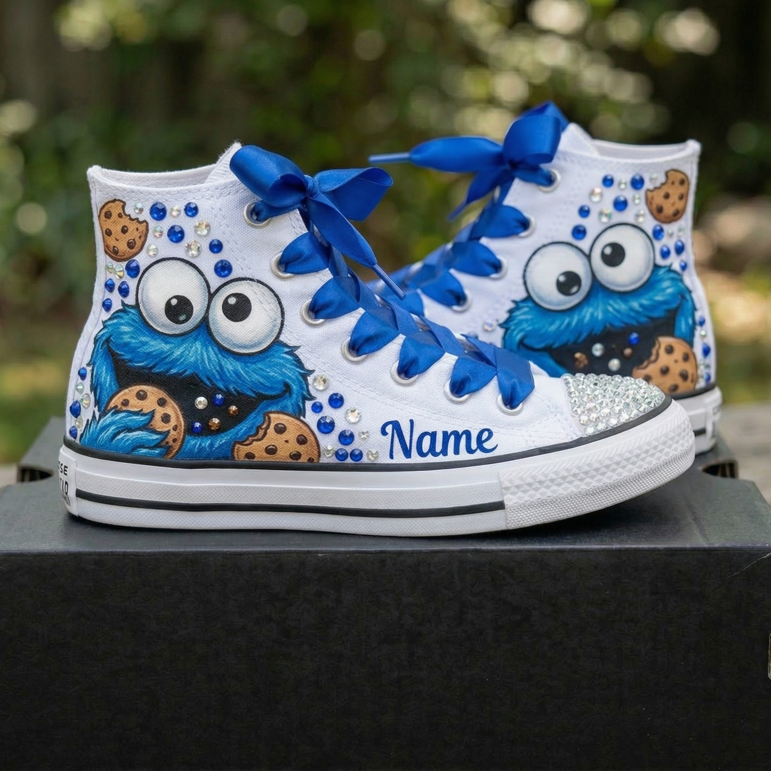 Custom Sesame Street Cookie Monster High-Top Sneakers Shoes Personalized with Name, Ribbon Laces & Rhinestones Birthday Parties Everyday Gift
