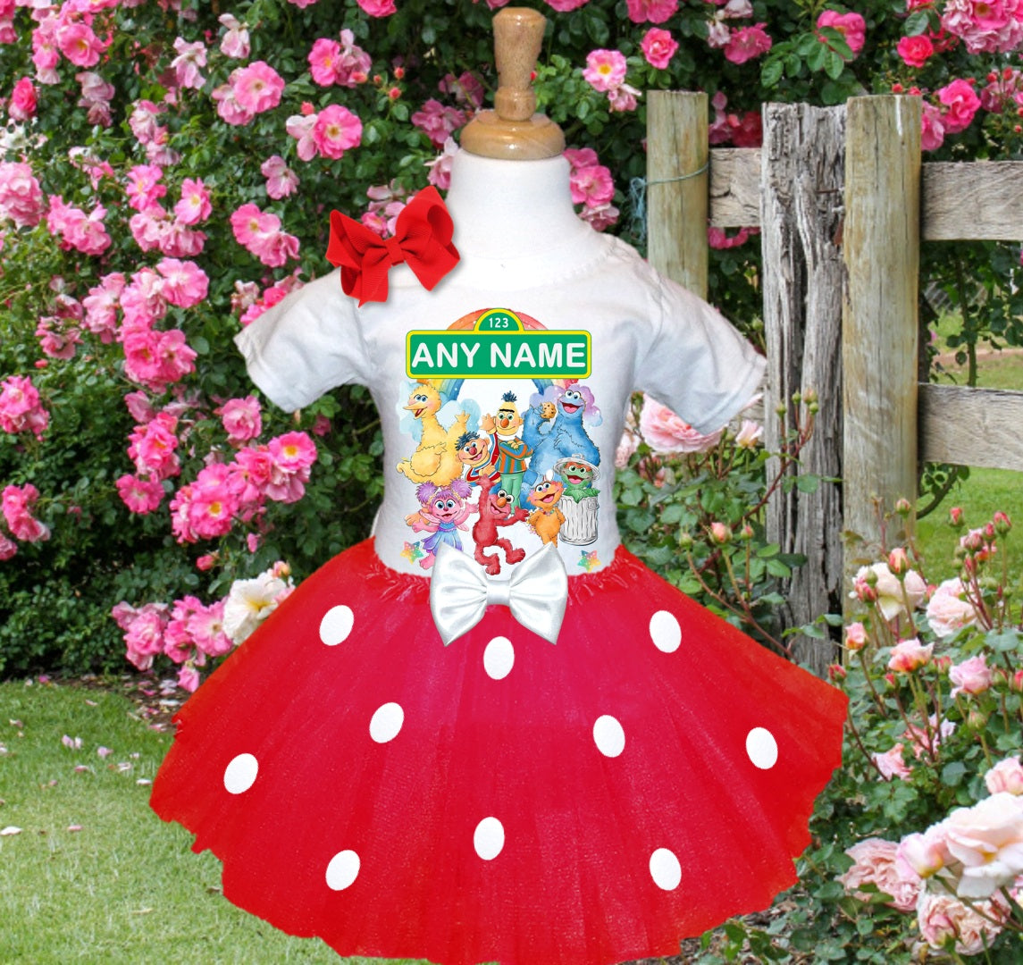 Sesame Street Tutu Set Girls Personalized Custom Red White Polka Dots Tutu Outfit Dress Theme Cake Smash Party