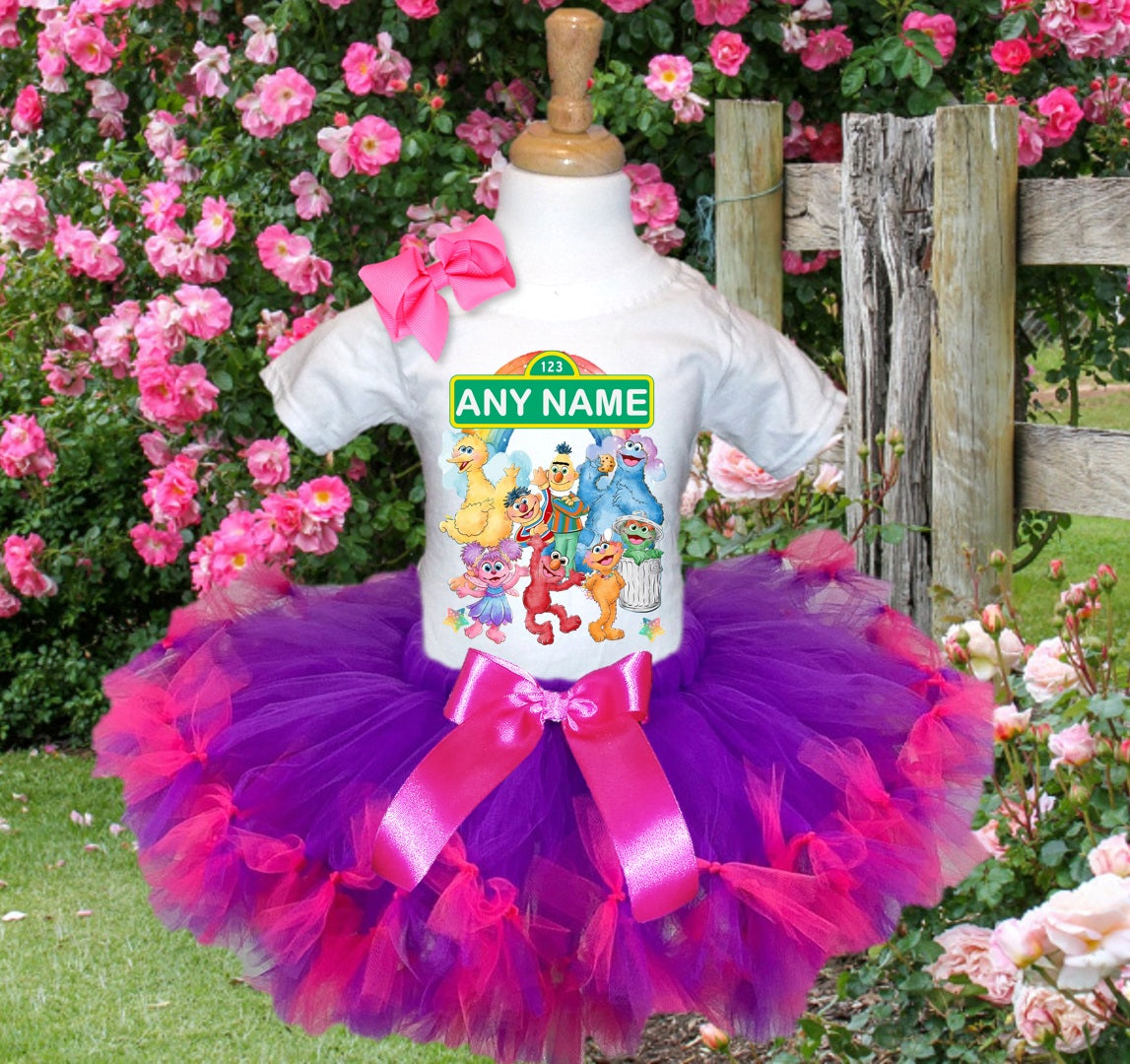 Sesame Street Tutu Set Girls Personalized Custom Purple Hot Pink Knots Tutu Outfit Dress Theme Cake Smash Party