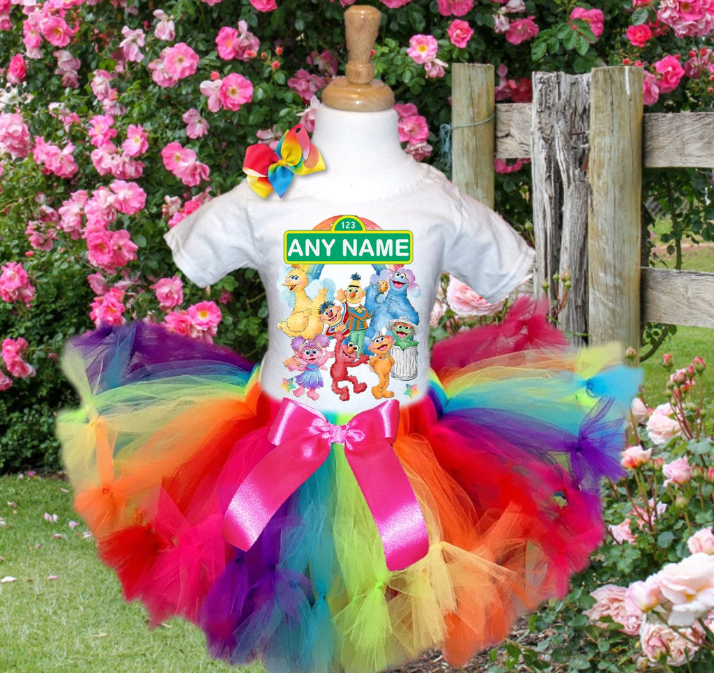 Sesame Street Tutu Set Girls Personalized Custom Rainbow Knots Tutu Outfit Dress Theme Cake Smash Party
